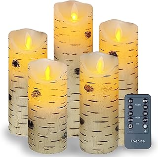 Evenice Flameless Candles Set of 5,Birch Bark Wax Candles (D2.2“ x H5”6“7”8" 9") with Timer and 10-Key Birch Bark