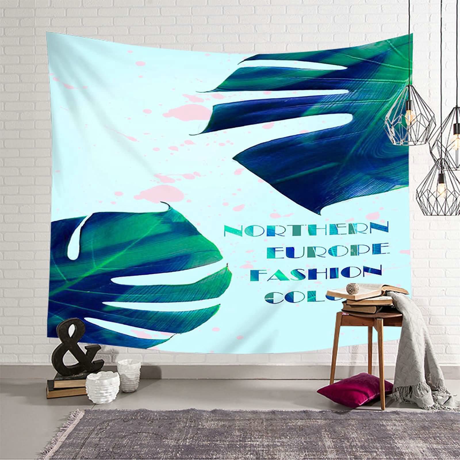Tapiz de pared decorativo de hojas verdes y azules en tela moderna para dormitorio de 150x130 cm