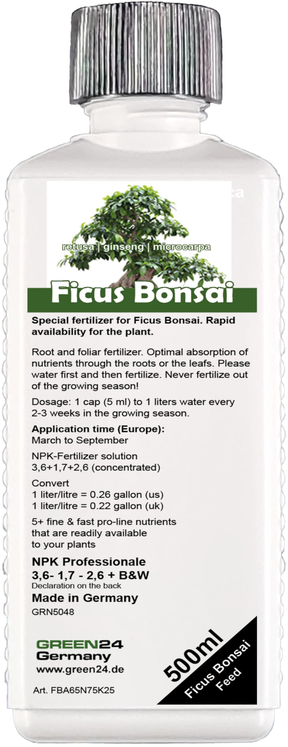 GREEN24 Ficus Ginseng retusa microcarpa Engrais pour bonsaï, figuier de Chine, engrais liquide 500ml