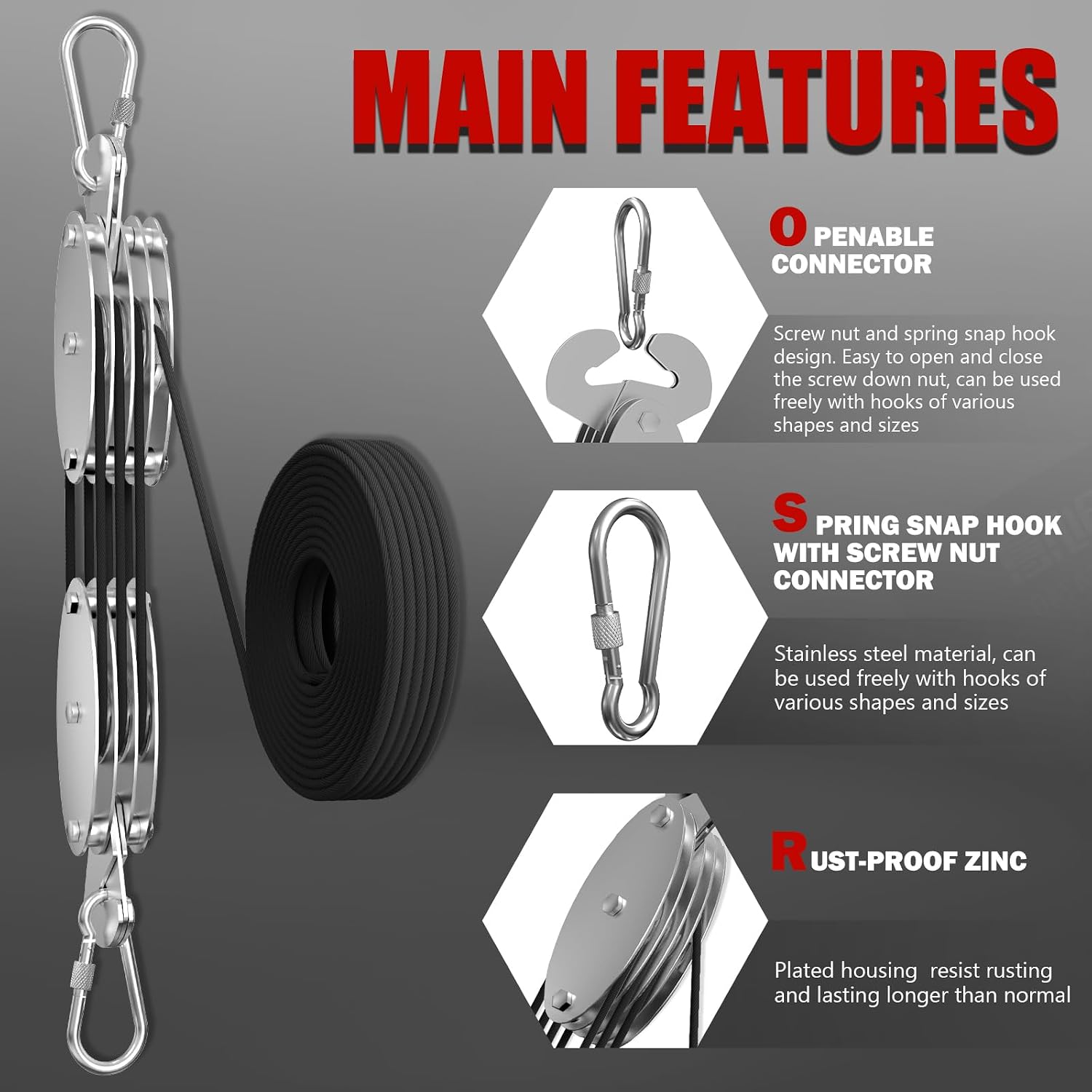 Diagram showing the main features of the YATOINTO Rope Hoist Pulley System: Openable Connector, Spring Snap Hook with Screw Nut Connector, and Rust-Proof Zinc Plated Housing.