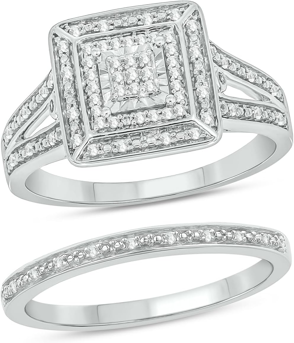 Cali Trove 1/4 Ct Natural Diamond Princess Halo Engagement Ring | Matching Band Anniversary Set | 925 Sterling Silver Bridal Set for Women | Classic Wedding Jewelry | Silver Jewelry Gifts for Her