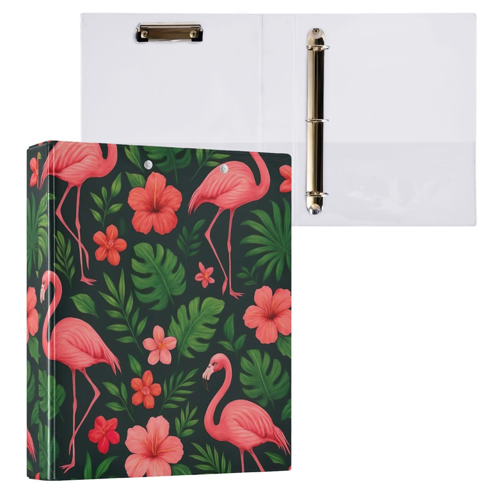 Raccoglitore a 3 anelli, motivo fenicotteri rosa con foglie tropicali scure, confezione da 2
