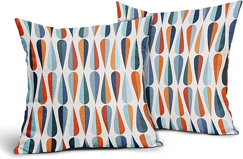 Miniatura 2 de aportt Juego de 2 fundas de almohada de mediados de siglo de 18 x 18 pulgadas con forma de gota de color azul y naranja, fundas de almohada