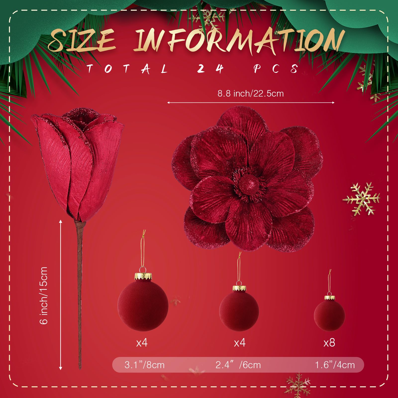 Outus Lot de 24 décorations de sapin de Noël en velours avec 8 poinsettias – fleurs de magnolia artificielles à paillettes avec tige – Décorations de Noël pour Noël, fête, mariage (bordeaux)