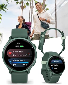 Garmin Vivoactive 6 - Health & Fitness Smartwatch, 1.2 in Bright AMOLED, GPS Sports Tracking, Up to 11 Days of Battery, Metallic Jasper Green & Jasper Green Band w White Earbuds Bundle