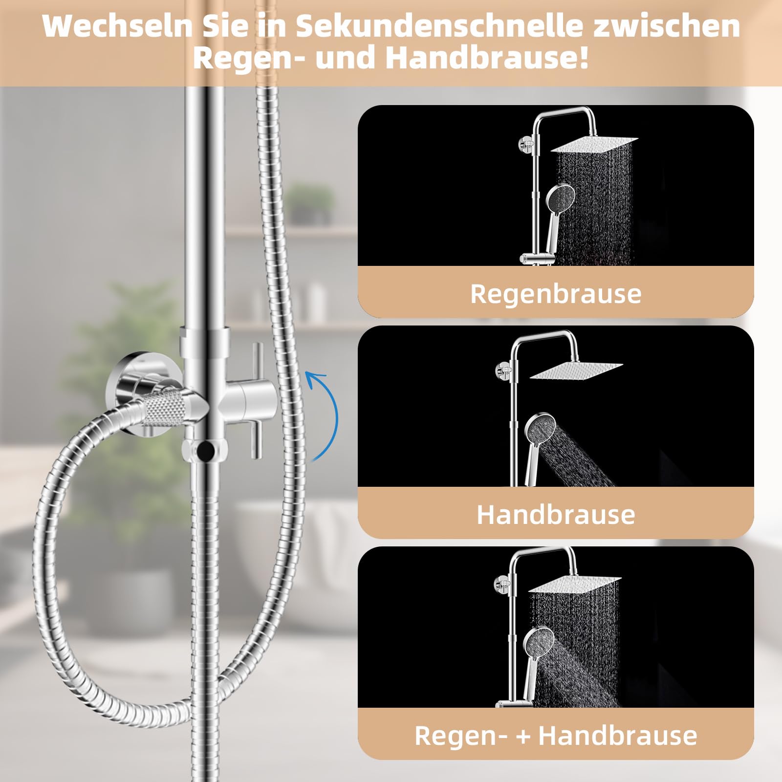 Hibbent Duschset ohne Armatur, 3-Modus-Handbrause | Höhenverstellbar, Regendusche Duschsystem mit Duschkopf aus rostfreiem Edelstahl, Messing-Umschalter, Chrom