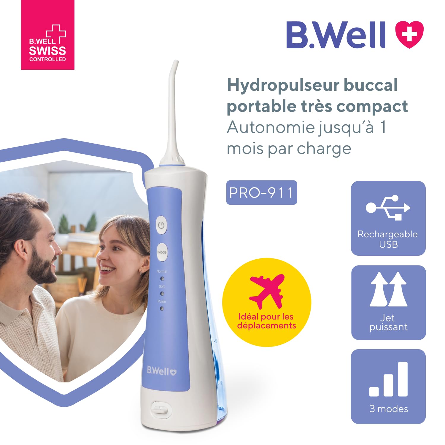 B.Well Swiss Jet Dentaire Portable, Hydropulseur & Irrigateur Oral PRO-911, 3 Modes, 2 Buses 360°, Réservoir 150 ml, Trousse Étanche, Arrêt Automatique, Autonomie jusqu'à 1 Mois