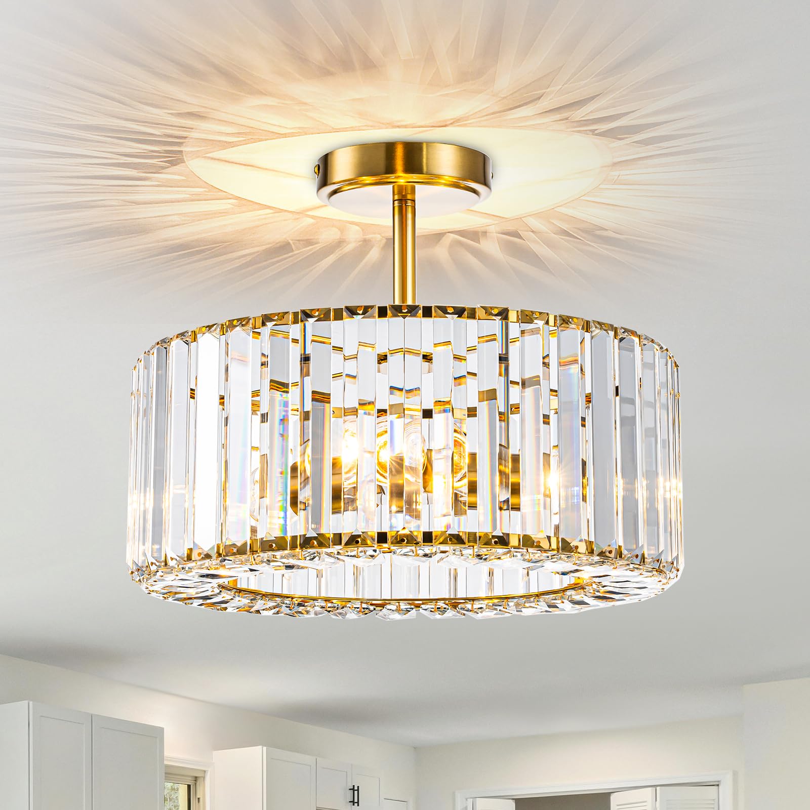 FORCOSO Ceiling Light 3 Lights 37cm,G45-E27 Crystal Gold Chandelier