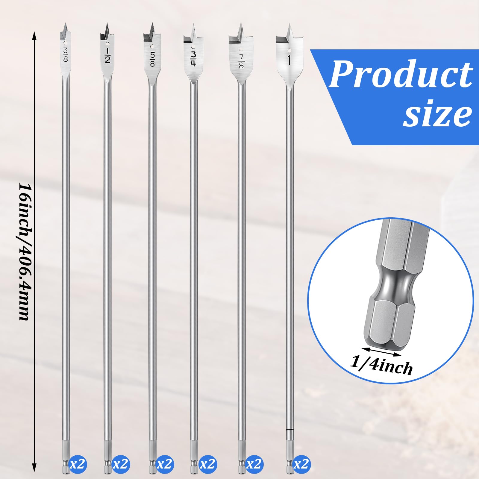 Treela Set di 12 punte da trapano extra lunghe da 40,6 cm per legno, in acciaio al carbonio, con codolo esagonale da 3/8, 1/2, 5/8, 3/4, 7/8, 1 pollice, codolo esagonale da 1/4", per forare in legno