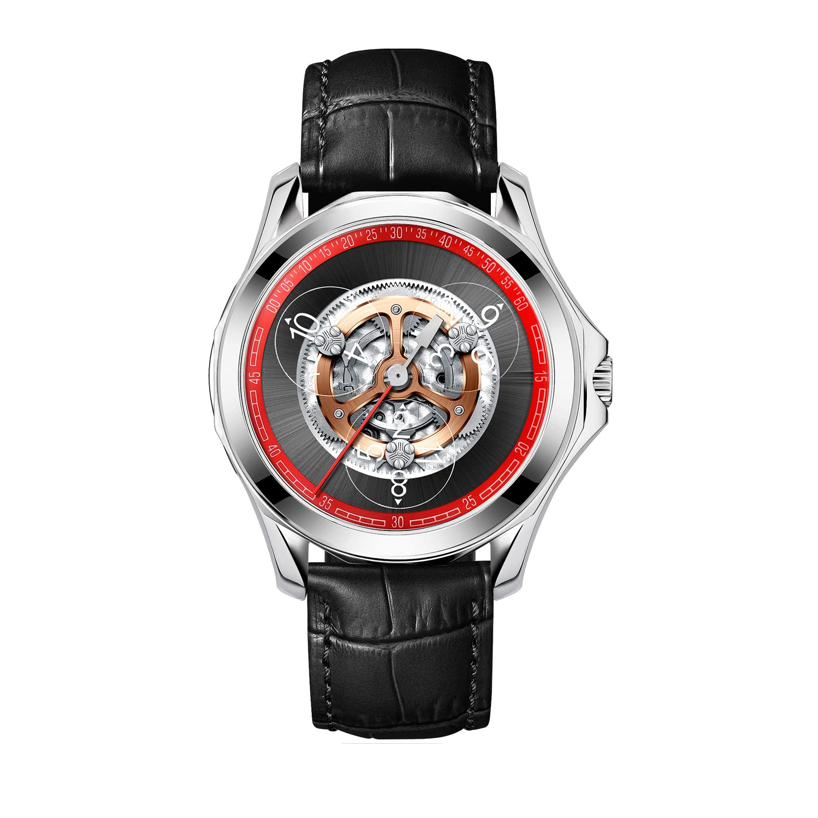 PINDU Automatic Watches for Men, Waterproof Watches for Men Dial Leather Band Skeleton Mechanical Watch 3 Transparent Hour Hand Wave Pattern Sub-dials 6535 - Silver Case Red Dial