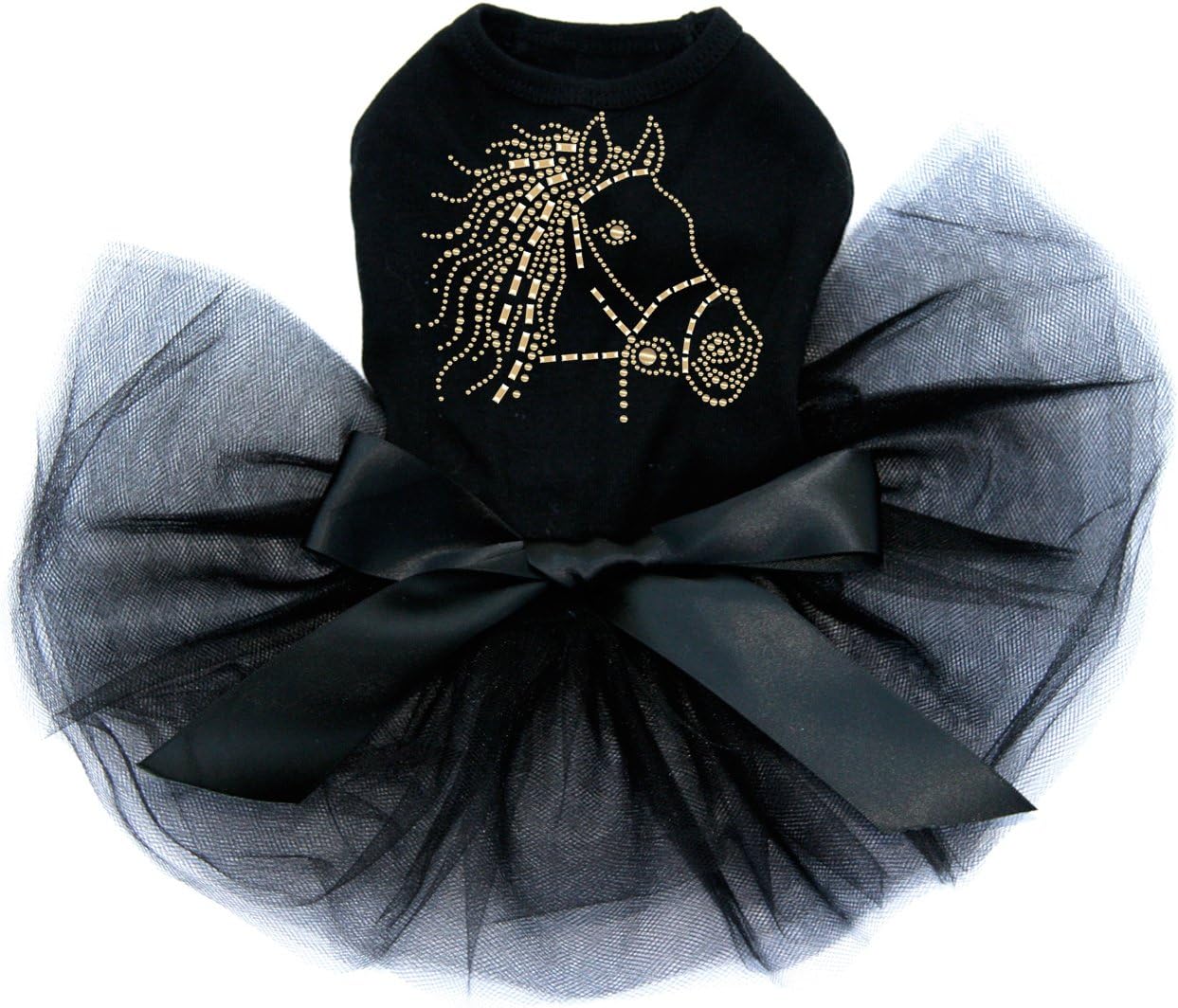 Horse Face (Gold) - Bling Rhinestone Dog Western Tutu Dress, S Black