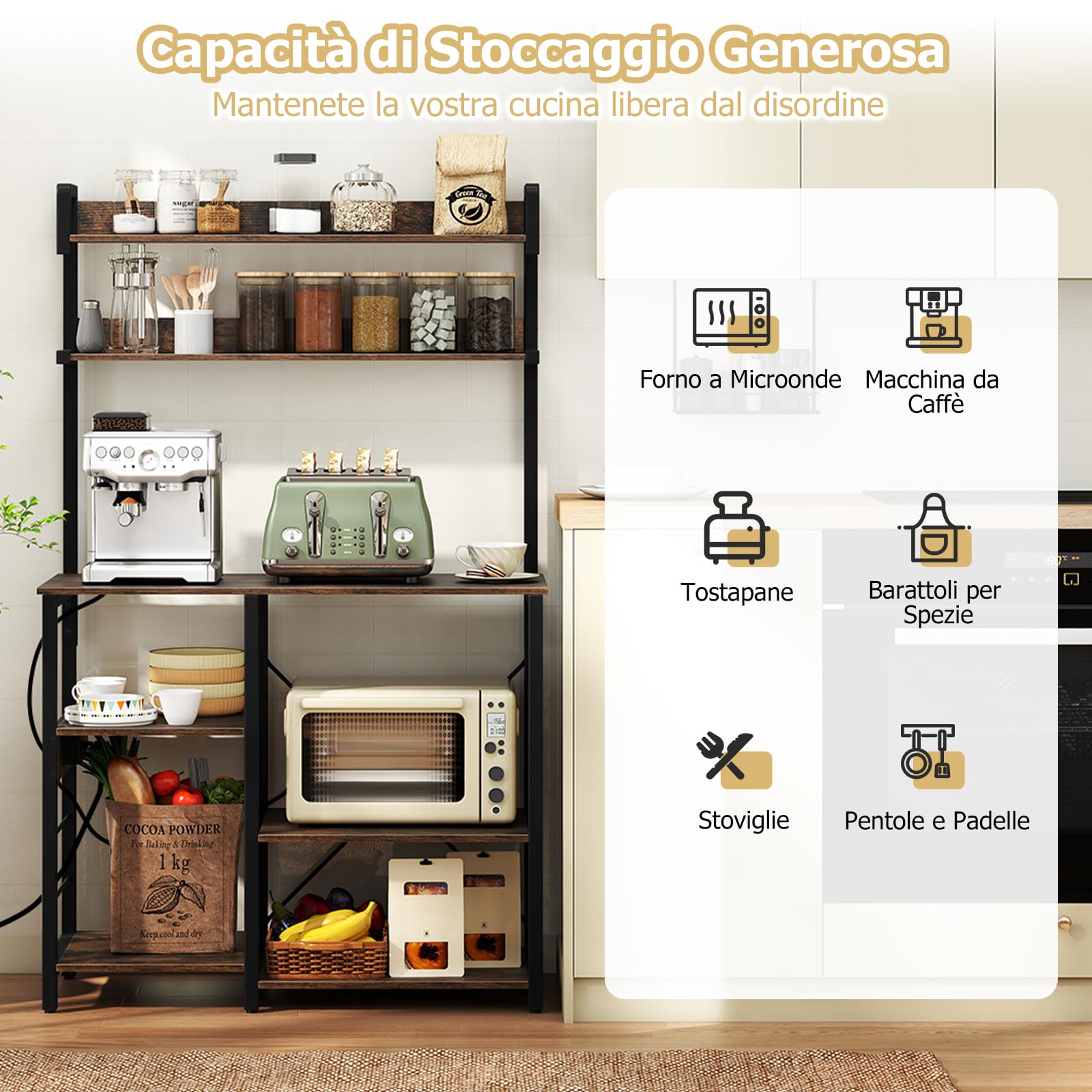 COSTWAY Scaffale da Cucina con Multipresa, Supporto per Microonde a 5 Ripiani con Luci LED, Mensole Portaoggetti, Scaffale Multifunzionale per Cucina Soggiorno Bar, 90 x 40,5 x 147 cm