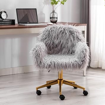 Grey Fuzzy Vanity Chair, Cute Faux Fur Desk Chairs with Golden Leg Upholstered Seat Height Adjustable Swivel Rolling Chair for Bedroom Living Room Home Office