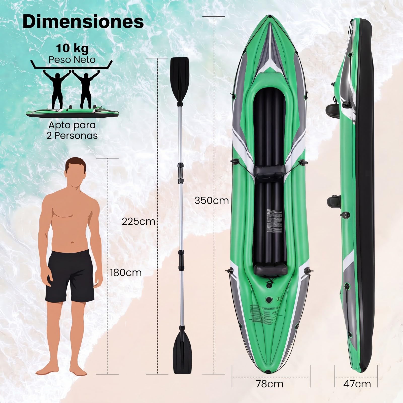 COSTWAY Kayak Hinchable 2 Plazas, Barca Hinchable con Remos de Aluminio, Asientos y Reposapiés Hinchables, Kayak Inflable para 2 Personas con Bomba Manual para Adultos, Carga 160 kg, 350 x 78 x 47 cm