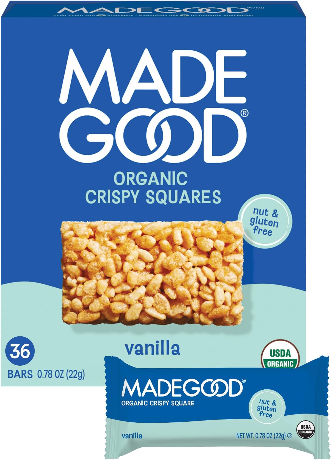 MadeGood Crispy Squares, Vanilla (36 Count) Gluten Free Snacks