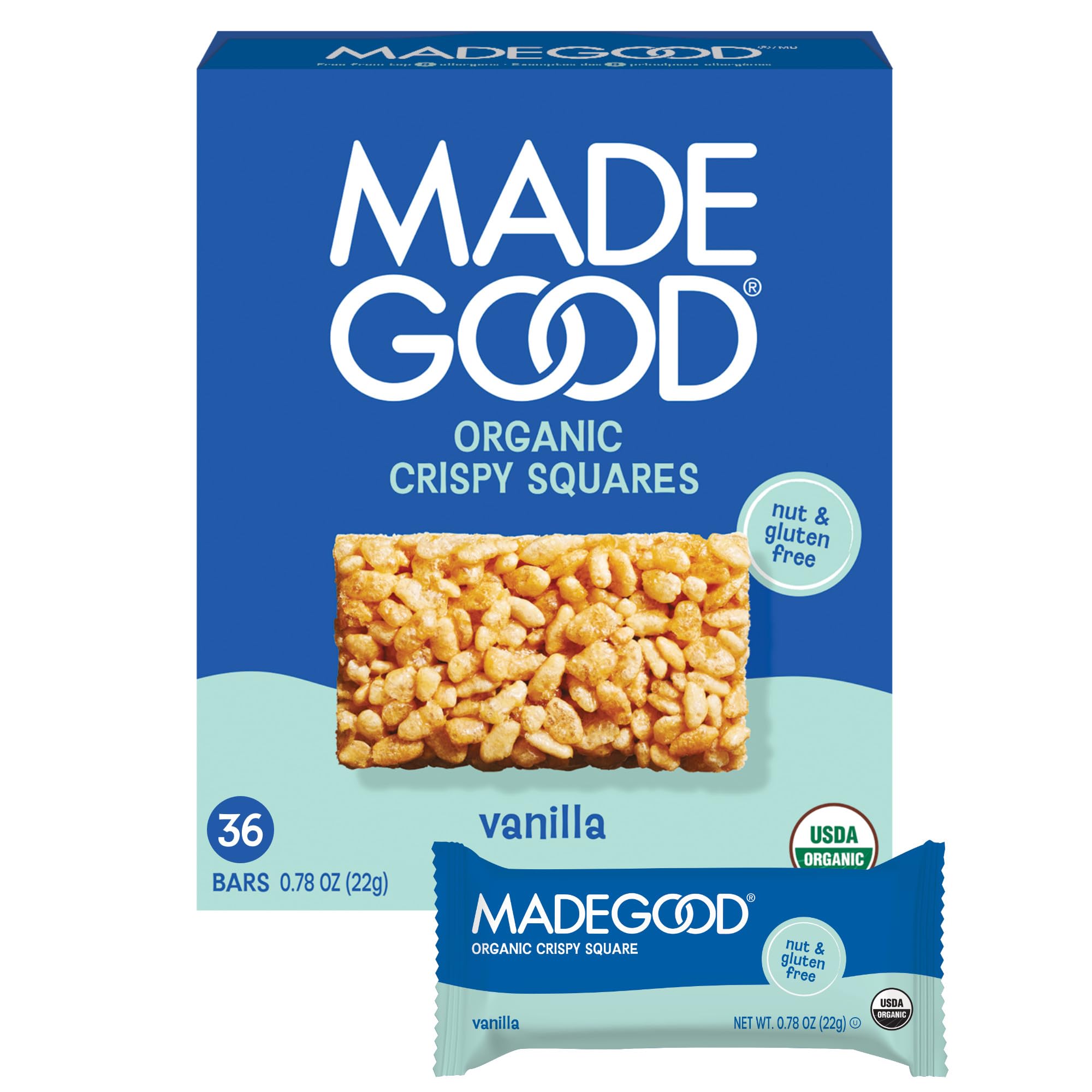 MadeGood Crispy Squares, Vanilla (36 Count) Gluten Free Snacks