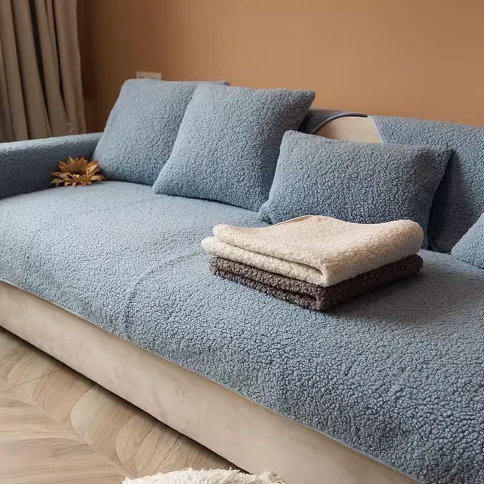 Gleedipre Anti-slip sofa protectors cover Northern Europe Lamb cashmere fabric Seat cushion cover 1/2/3/4 Seater Thick and warm(Blue,90x240cm)