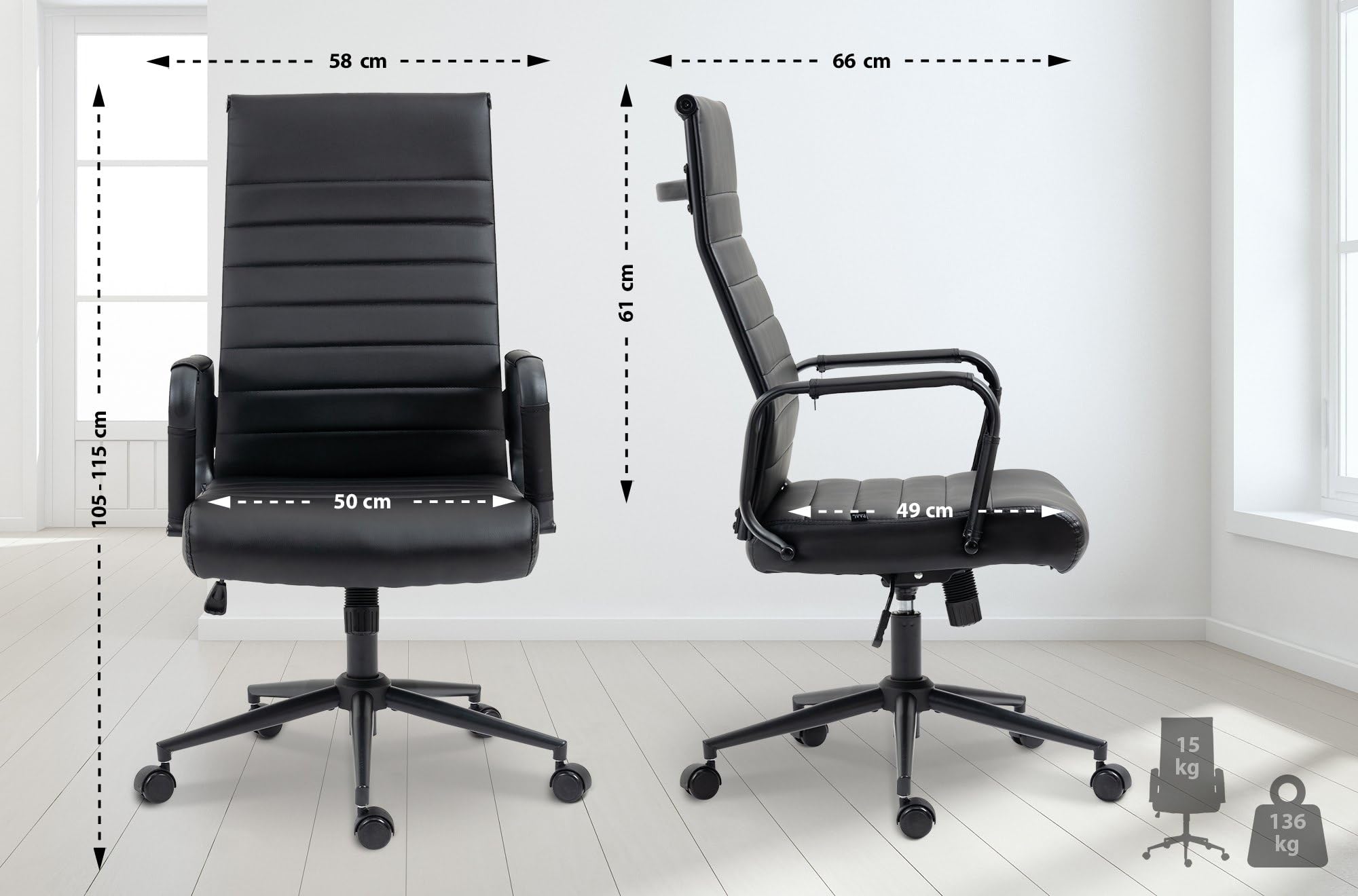 CLP Silla De Oficina Kolumbus En Simil Cuero & Base De Metal con Ruedas I Silla De Escritorio Ergonómica & Regulable En Altura Color:Negro/Negro