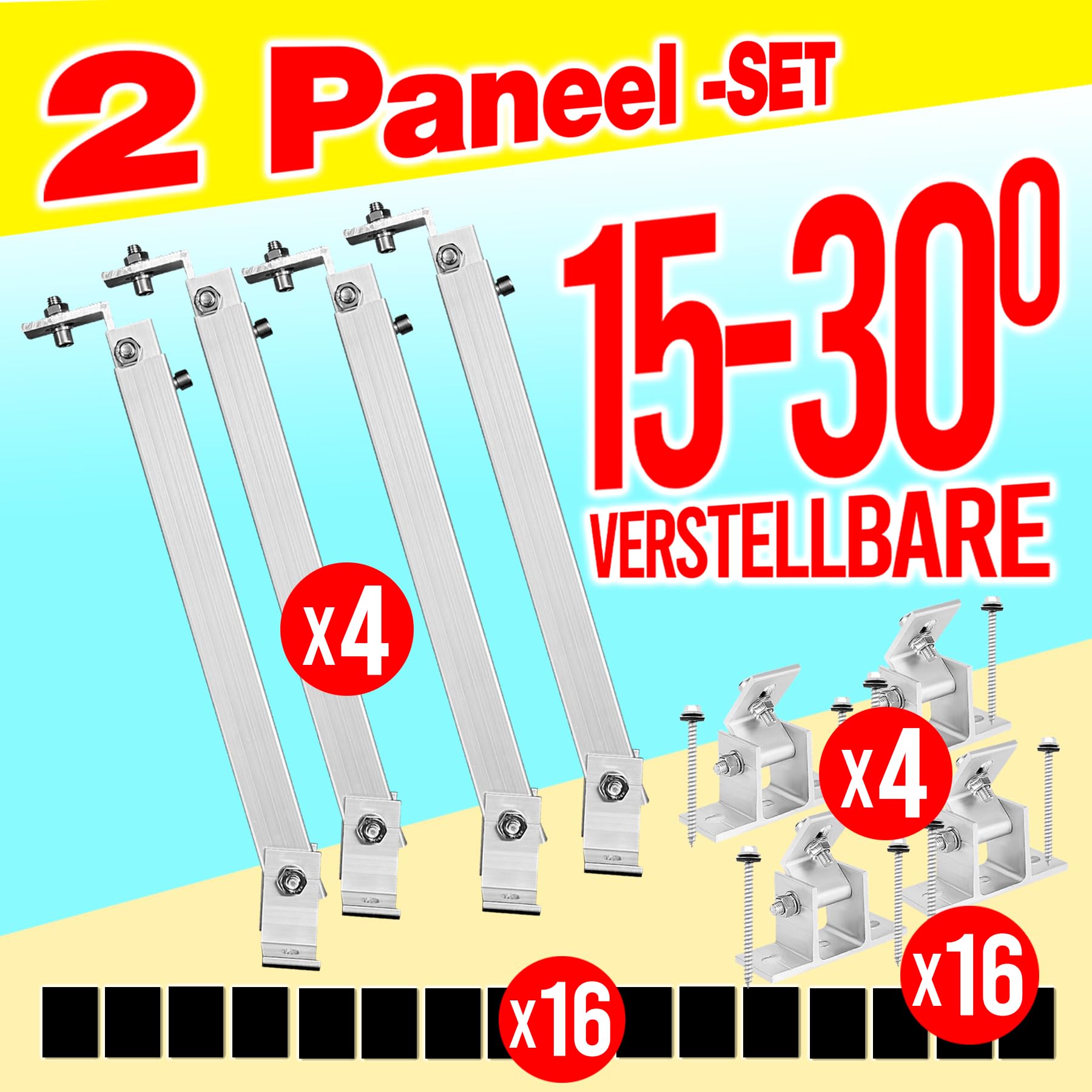 Pannello solare a 2 pannelli, set da 15° a 30°, centraline da balcone, tetto piatto regolabile, 15-30°, 2 pannelli solari fotovoltaici universali, montaggio a parete a tetto piano, moduli PV facile