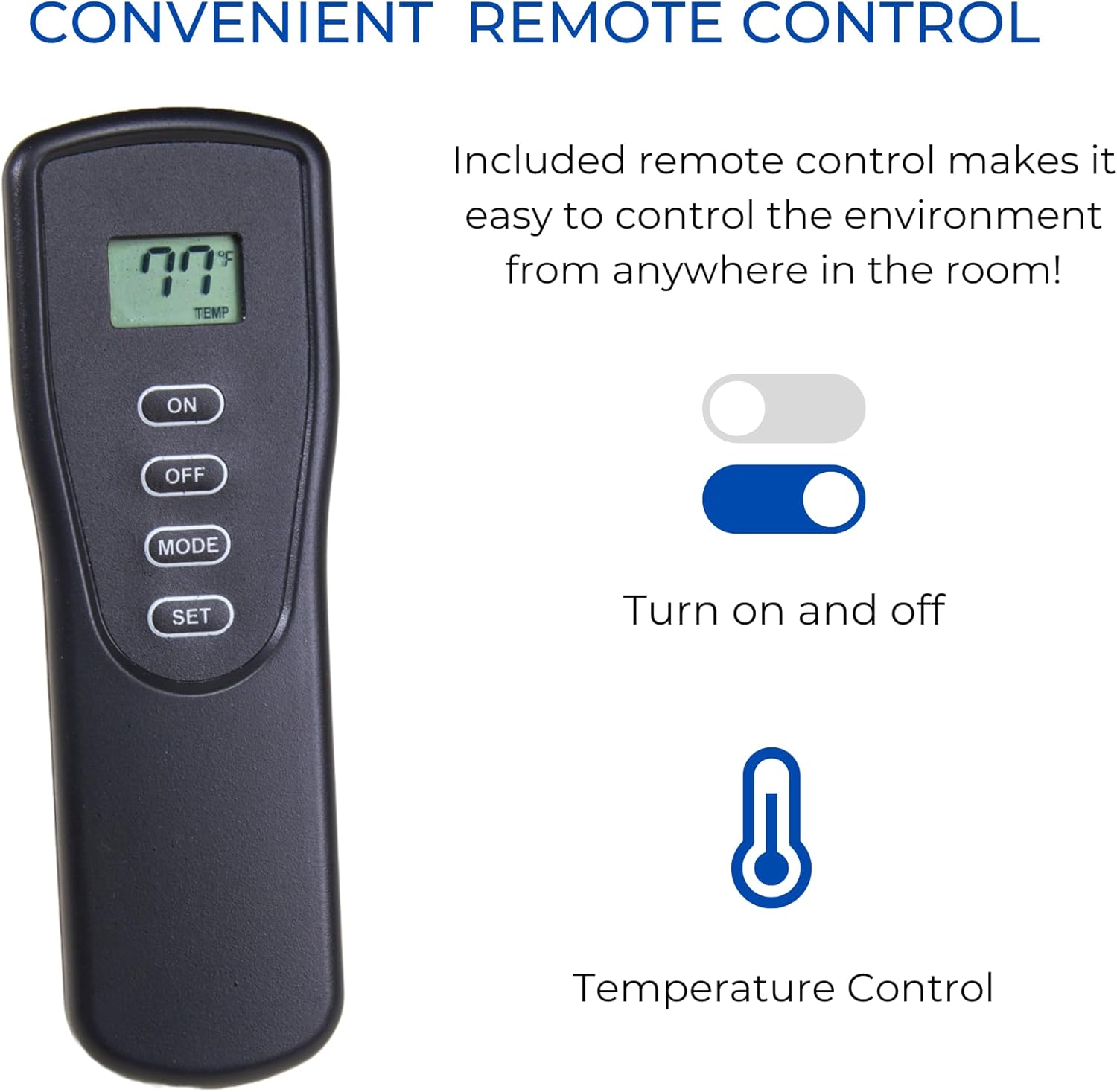Image of the remote control for the Duluth Forge DLS-24R-1 fireplace logs set, highlighting its on/off, mode, and set buttons.
