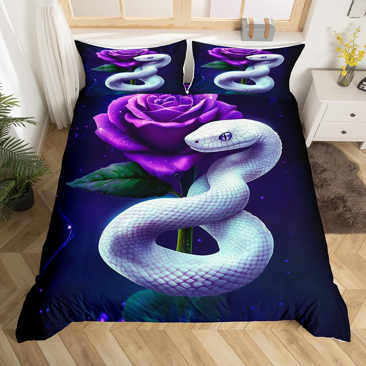 Homewish White Snake Comforter Cover,Purple Rose Flowers Double Bedding Set for Kids Boys Girls Teens Reptile Little Dragon Duvet Cover,Tropical Wildlife Animals Quilt Cover