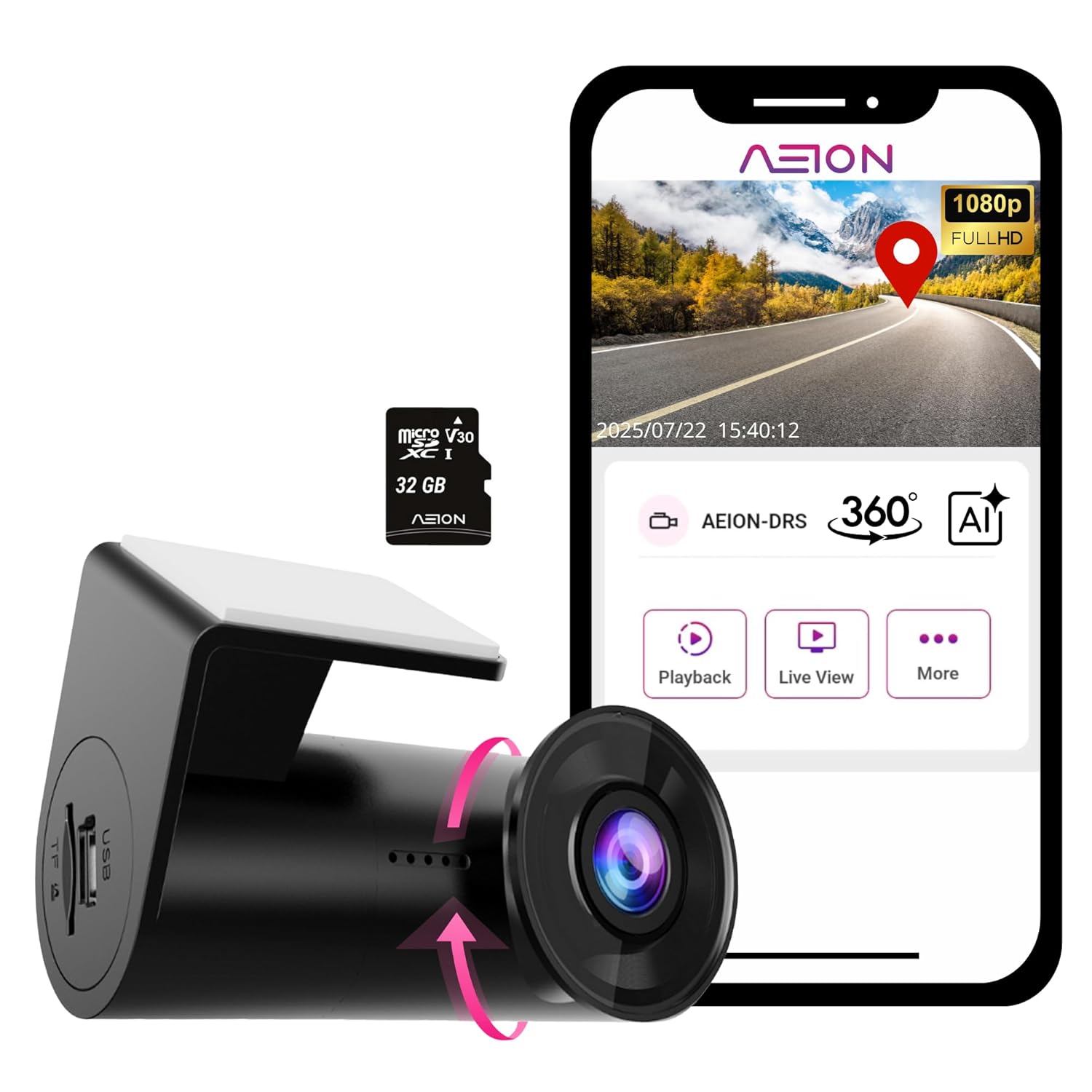 AEION Dash Cam for Car – Full HD 1080p, 360° Rotation, GPS, Geofencing, AI ALPR, Smart Parking, Fatigue Alert, Wi-Fi, Cloud Storage, 32GB SD Card – Advanced Car Camera Recorder