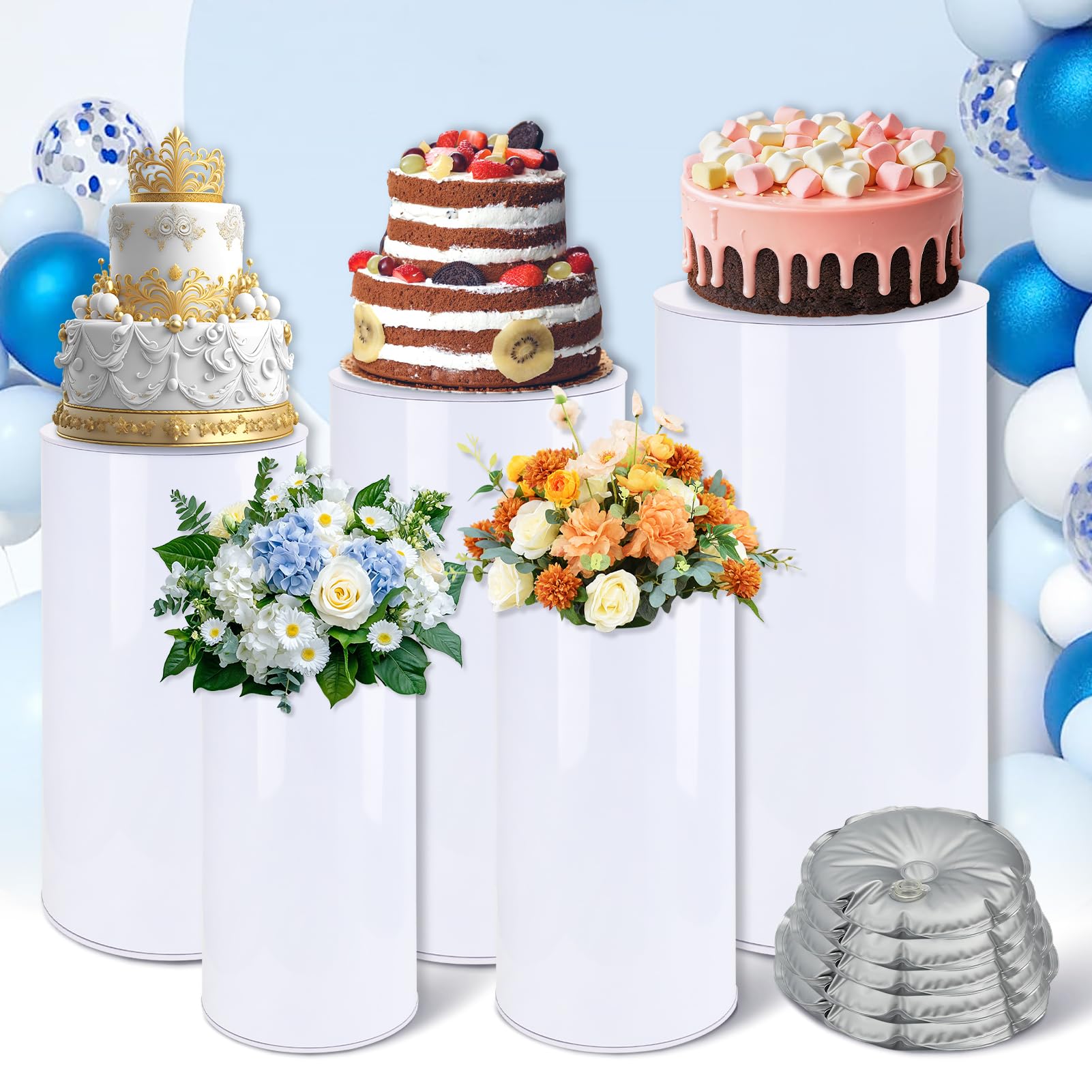 Photo 1 of *** RECOMENDED FOR PARTS/ POSSIBLY MISSING PIECES*** XHIKOWAT 5Pcs Cylinder Stands for Party with Water Ballast - Large Windproof Anti-Tip Cake Cylinder Pedestal Stand for Parties,Wedding,Birthday,Store Display-Cilindros Para Fiestas Redondos Blancos