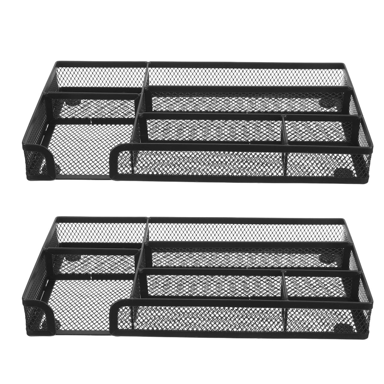 Metall Netz Aufbewahrungsbox 2 Stück aus Eisen mit 6 Fächern | Schwarz, mit 4 Gepolsterten Bodenpads, für Schreibtischordnung im Homeoffice, keine Montage Nötig