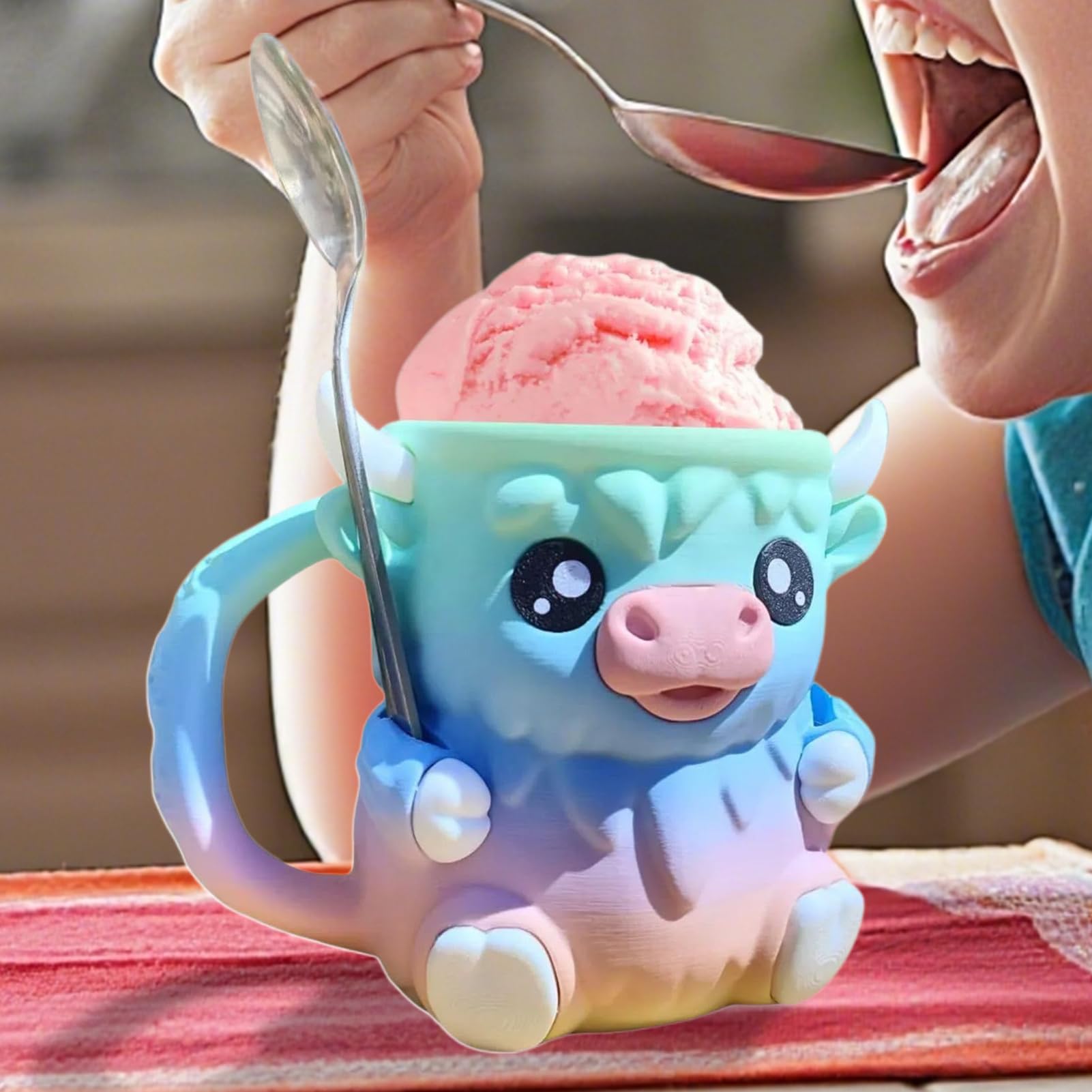 Eisbecherhalter Mit Hochlandkuh Motiv - Niedlicher Becherkühler Mit Löffel