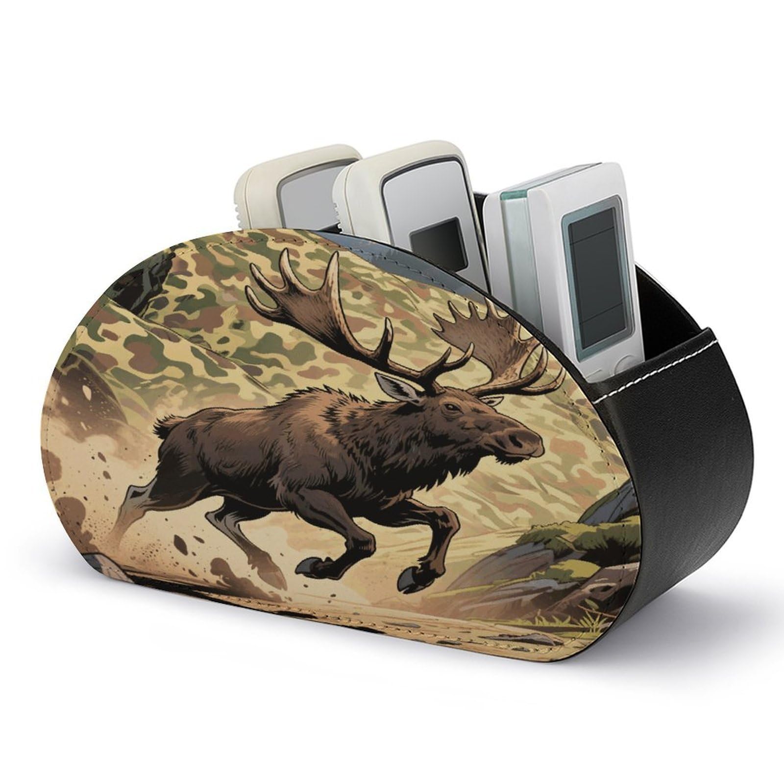 VstaDank Hunting Camo Deer Remote Control Holder with 5 Compartments PU Leather TV Remoter Caddy Desktop Organizer TV Remote Holder Remote Box for Media Controllers Office Supplies