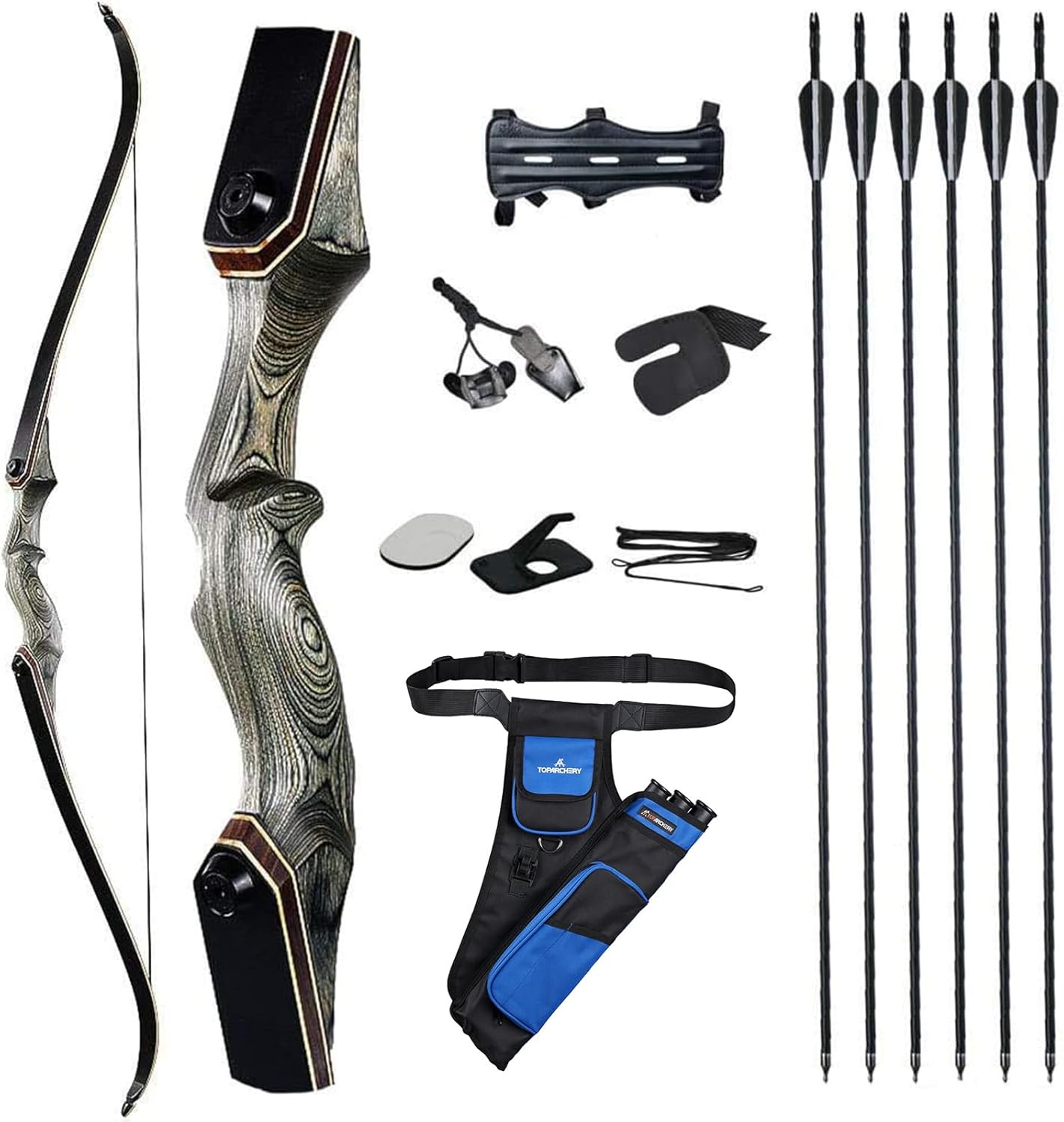 TOPARCHERY 60'' Archery Recurve Bow and Arrow Set for Adult Target Practice Competition Survival Longbow Right Hand 30-50lbs with 6pcs Fiberglass Arrows