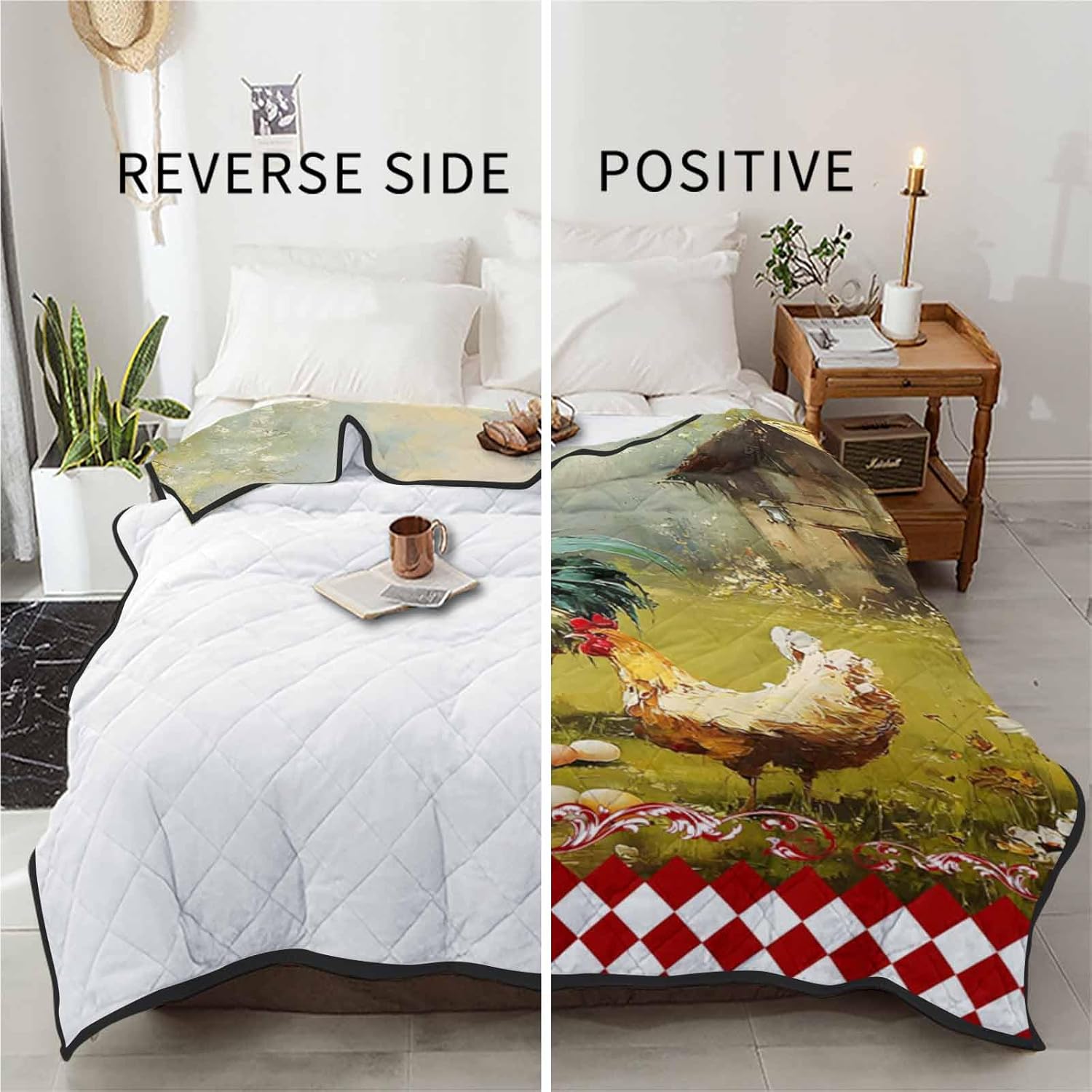 Quilt California King Luxury Quilted Comforter Bedspread-Thin Soft Cozy, Farmhouse Chicken Vintage Rustic Hen Red White Checkered Plaid Reversible Stitched Lightweight Quilt Coverlet for All Season