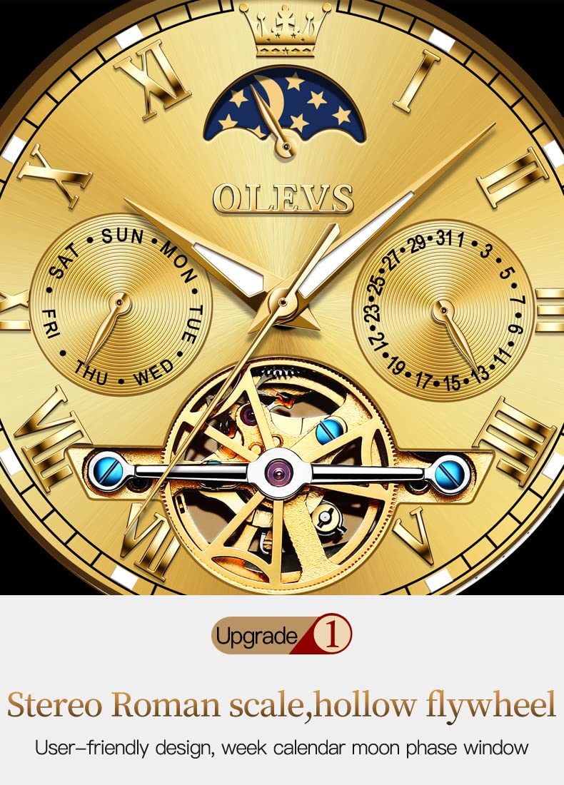 OLEVS Par de relojes automáticos para parejas para hombres y mujeres, para él y para ella, juego de regalos mecánicos Tourbillon de cuerda automática, reloj de pulsera con calendario de día, fecha,
