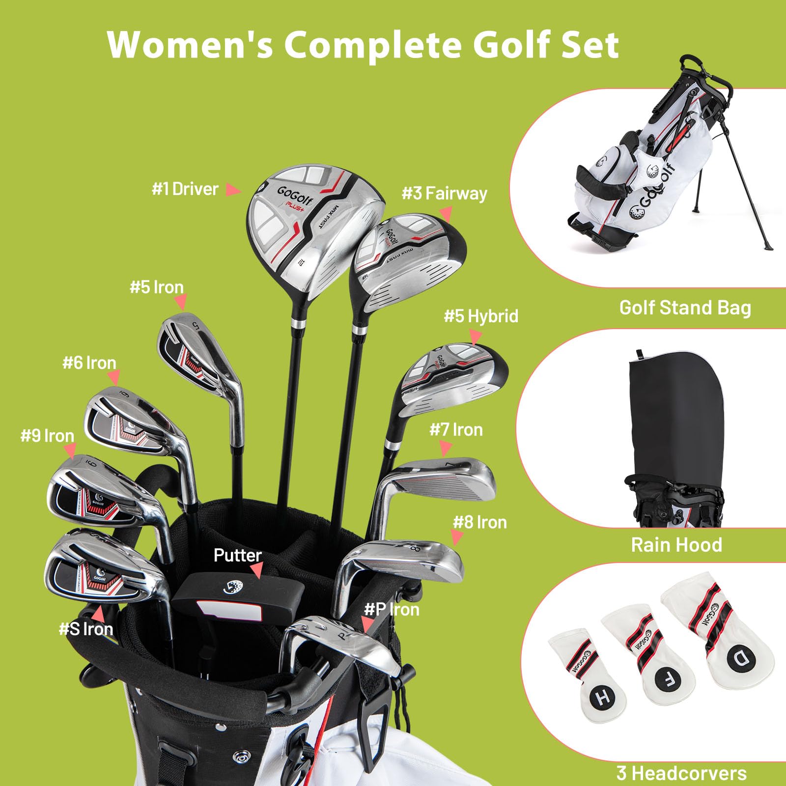 LIFEZEAL Set completo da golf da donna, set da 15 mazze da golf con borsa da golf, set di mazze da golf con 460CC #1 Driver, #3 Fairway, ibrido, #5#6#7#8#9#P #S
