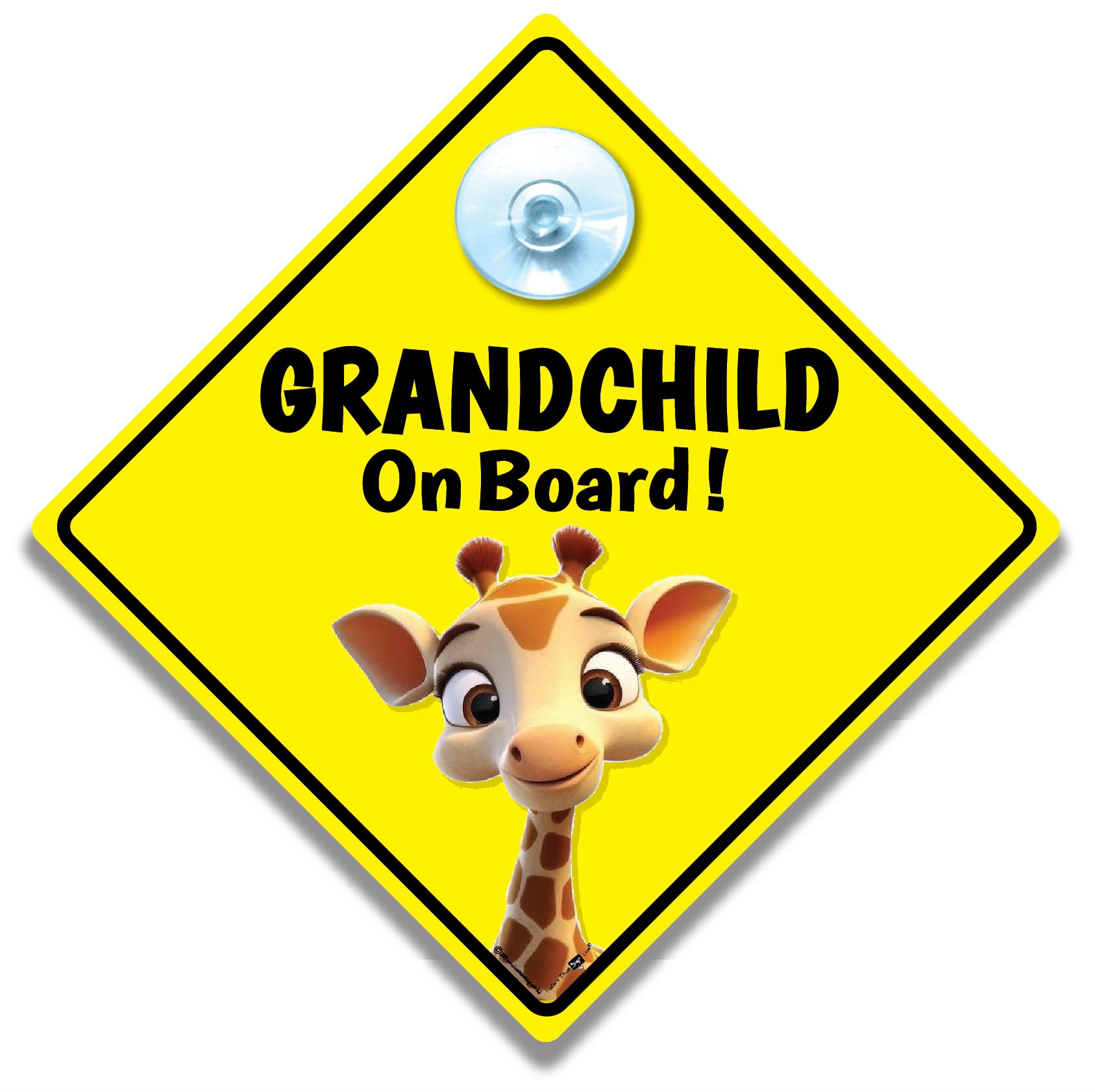 Grandchild On Board Car Sign with Giraffe Design, Baby on Board Sign, 14 x 14 cm, Yellow Diamond Safety Notice with Suction Cup