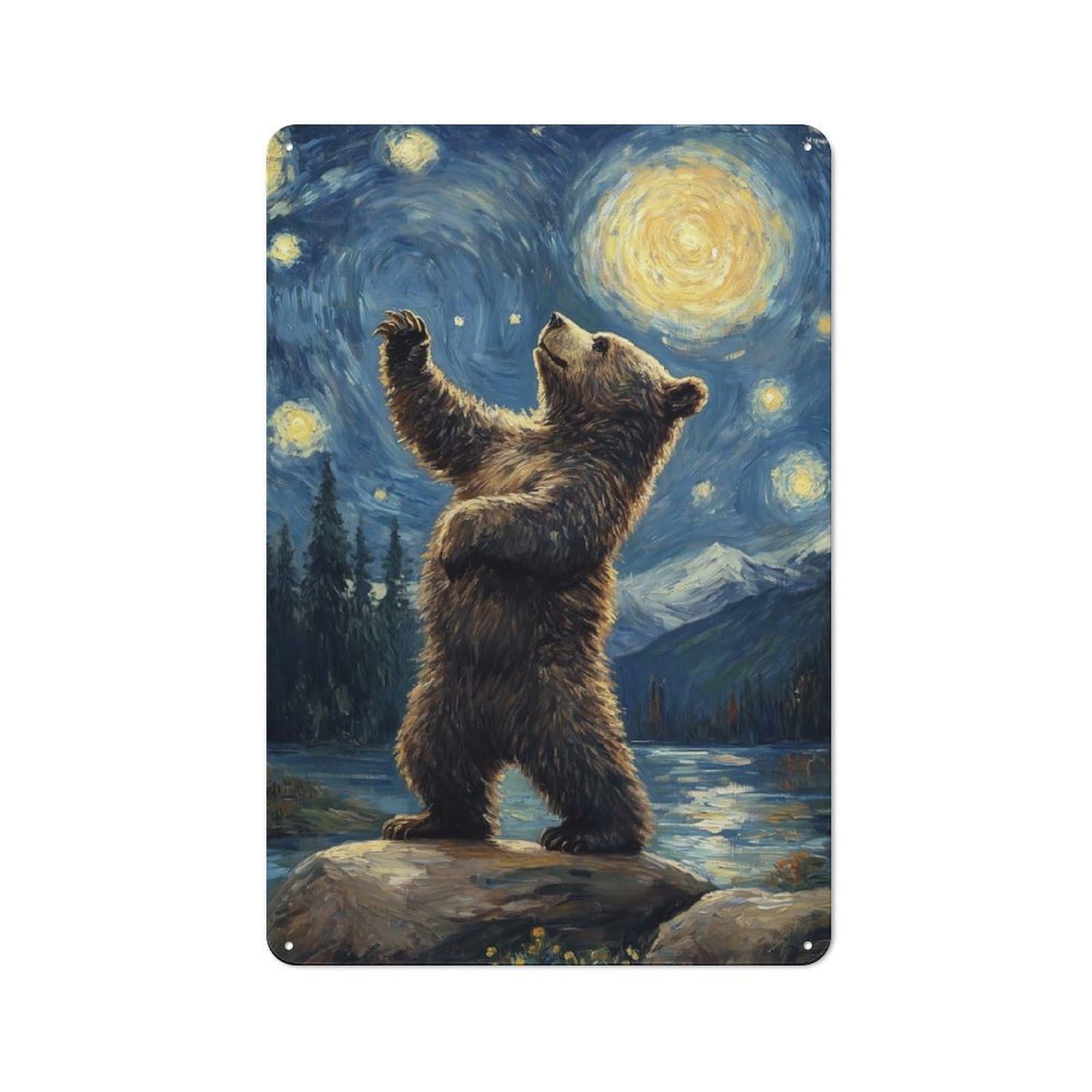 Junmoney Bear Gazing At Stars Vintage Metal Sign With Design 30X20cm, Vintage Bar Wall Plaque For Cafe, Pub, Workshop Or Home Bar