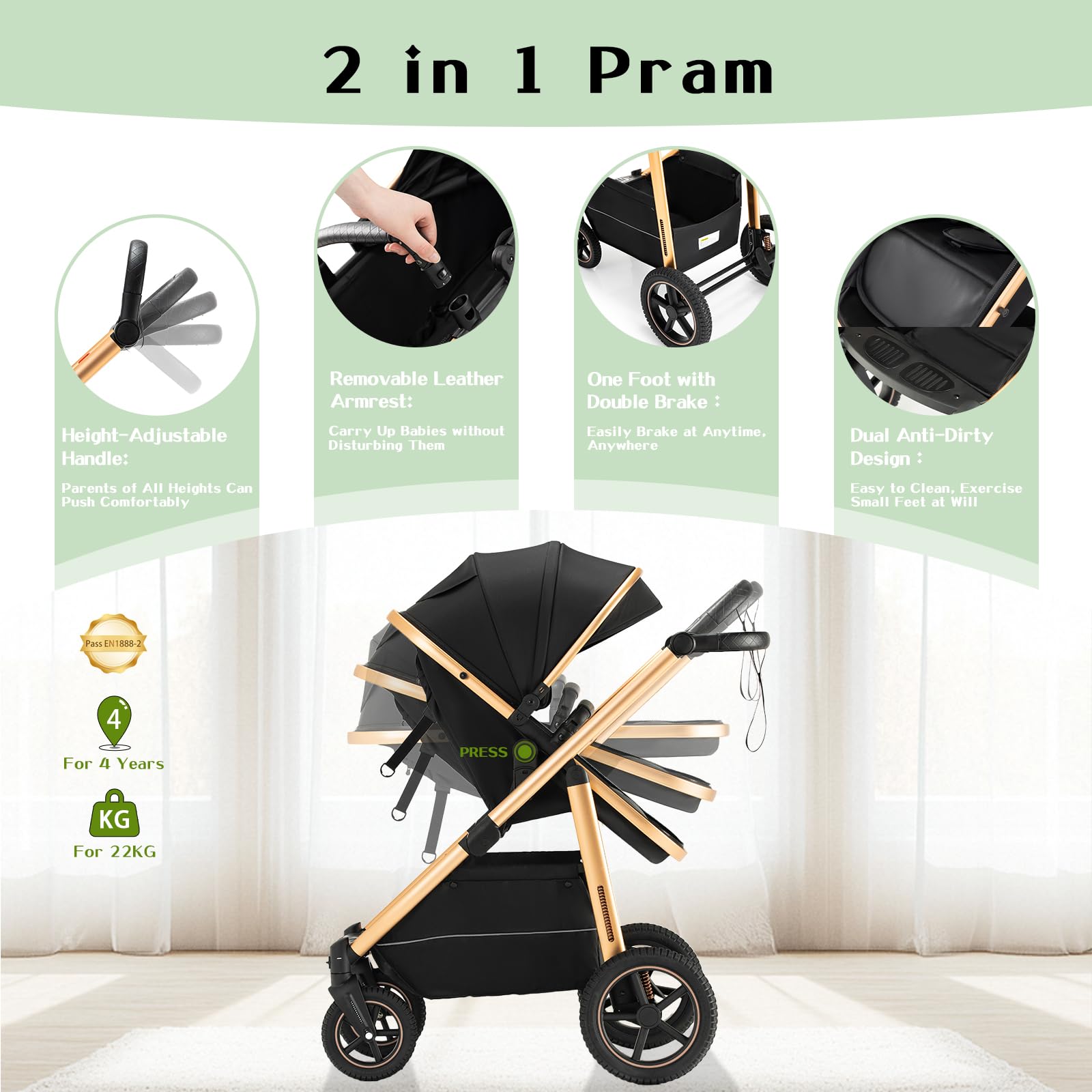3 en 1 Cochecito de Bebé, Sistema de Viaje, Carrito Bebé Asa Regulable en Altura, Silla de Paseo, Capazo y Asiento de Cochecito, Mosquitera, Cochecito con chasis de aluminio(0-4 Años, 22KG)