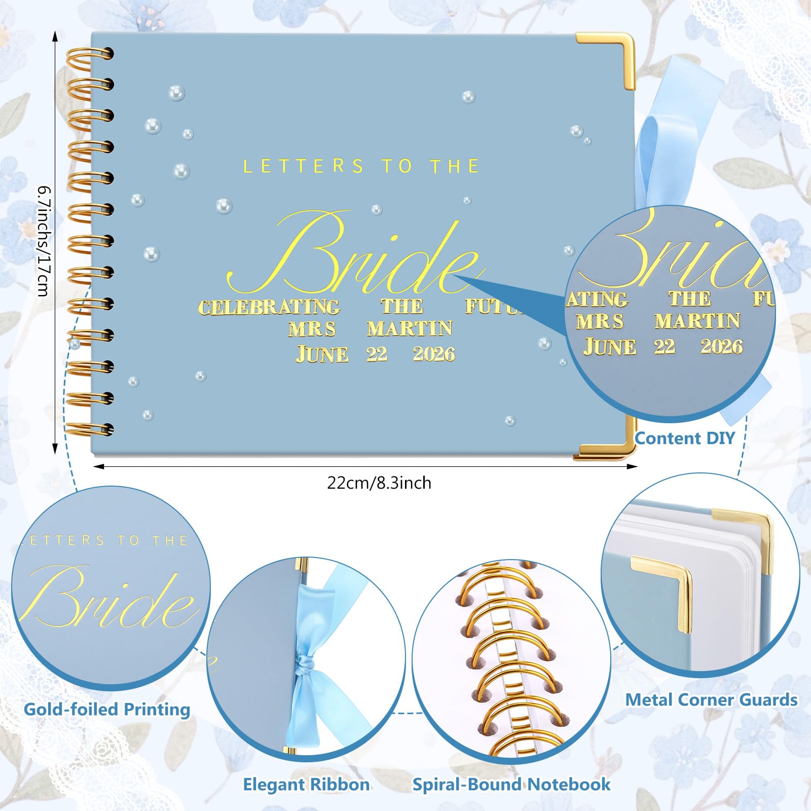 Album de scrapbooking « Letters to Bride », 21,6 x 17,8 cm, classique, bleu | Livre d'or de mariage avec enveloppes, souvenir de enterrement de vie de jeune fille, scrapbooking vierge
