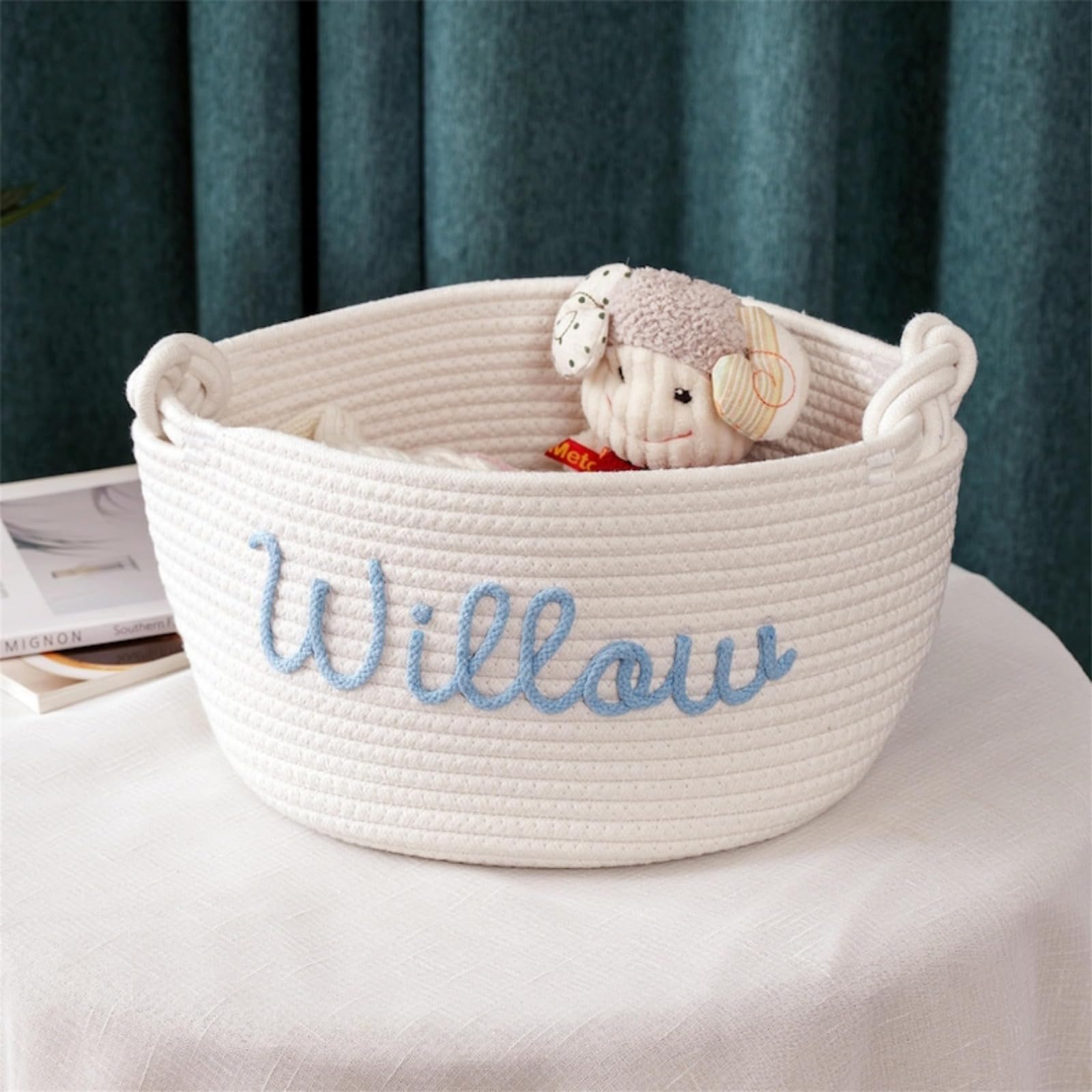 Personalized Baby Gift Basket,Baby Girl Boy Rope Cotton Baby Shower Basket,Toys Basket,Custom Name Baby Basket,Baby Toys Storage Organizer Nursery Decor Gifts (S-19X12X27CM)