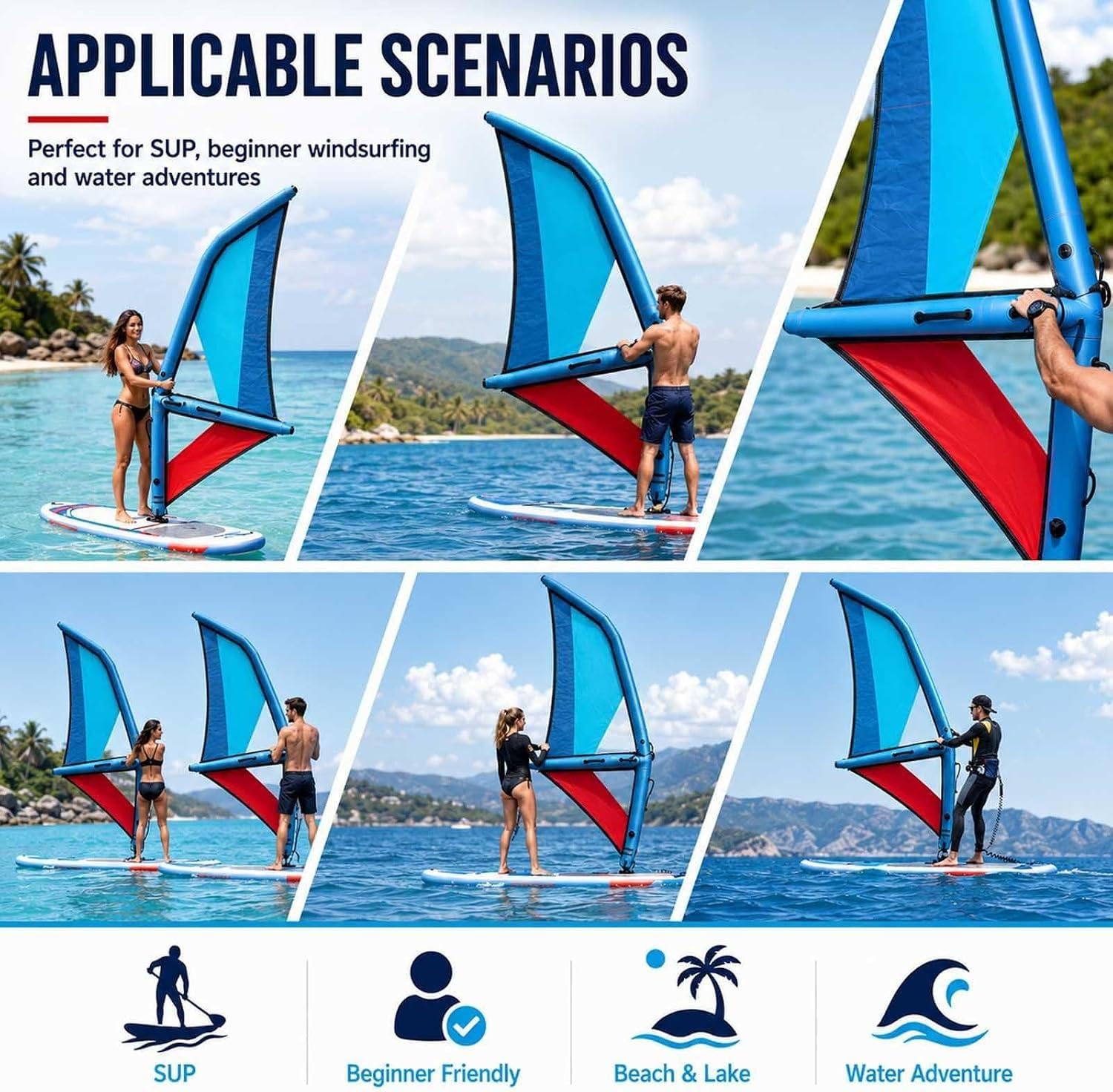 Vela Sup Portátil con Doble Cámara y Ventana Transparente 2.2m | Elige 2,2, 3,2, 4,2 O 5,2 M²; Base Articulada, Bomba, Mochila Y Leash; Tabla De Paddle Surf No Incluida, Para Windsurf