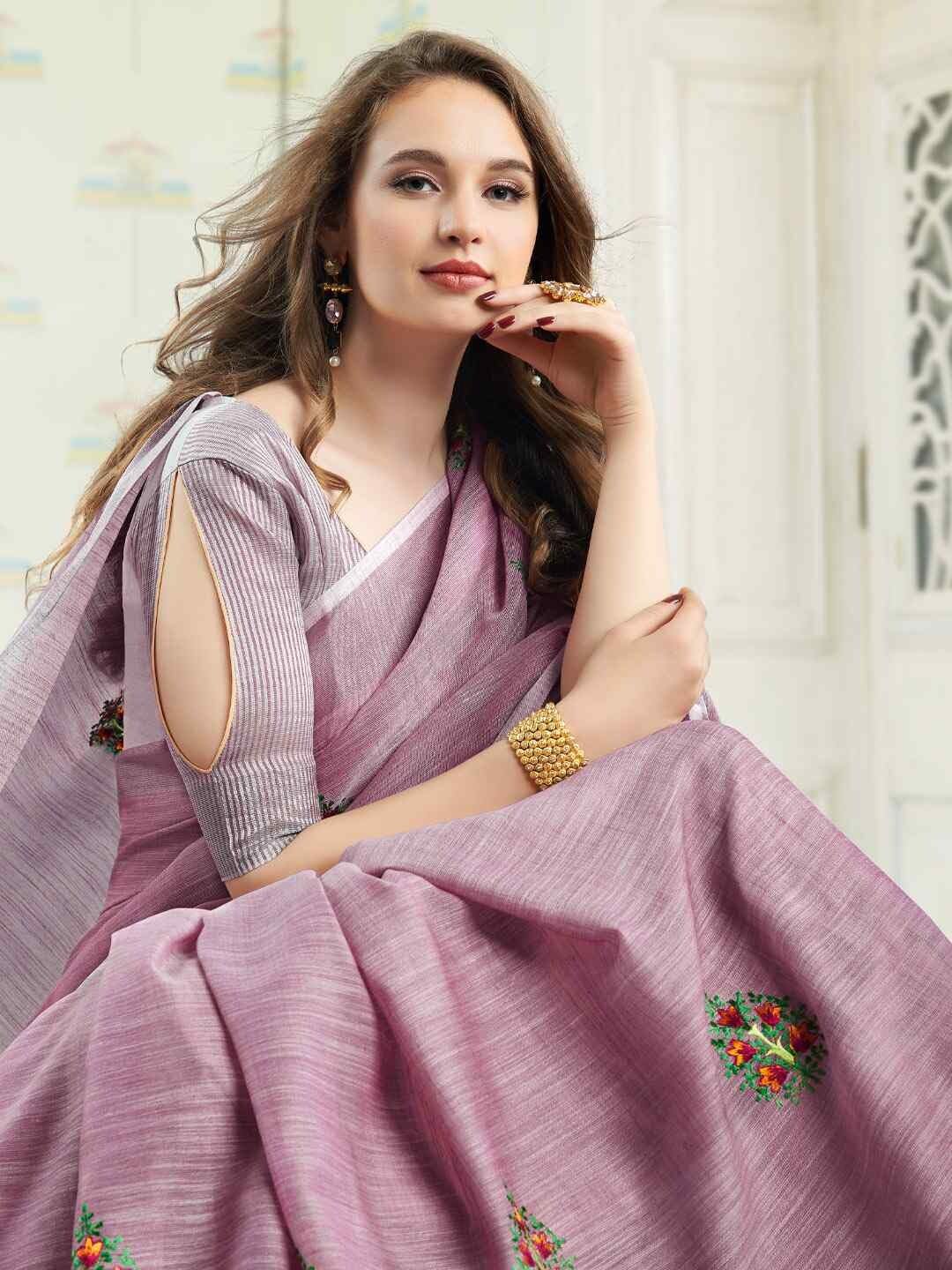Shiv Textiles Women's Linen Floral Printed Saree(AUS-SGAMY24004-ROSE PINK) 3
