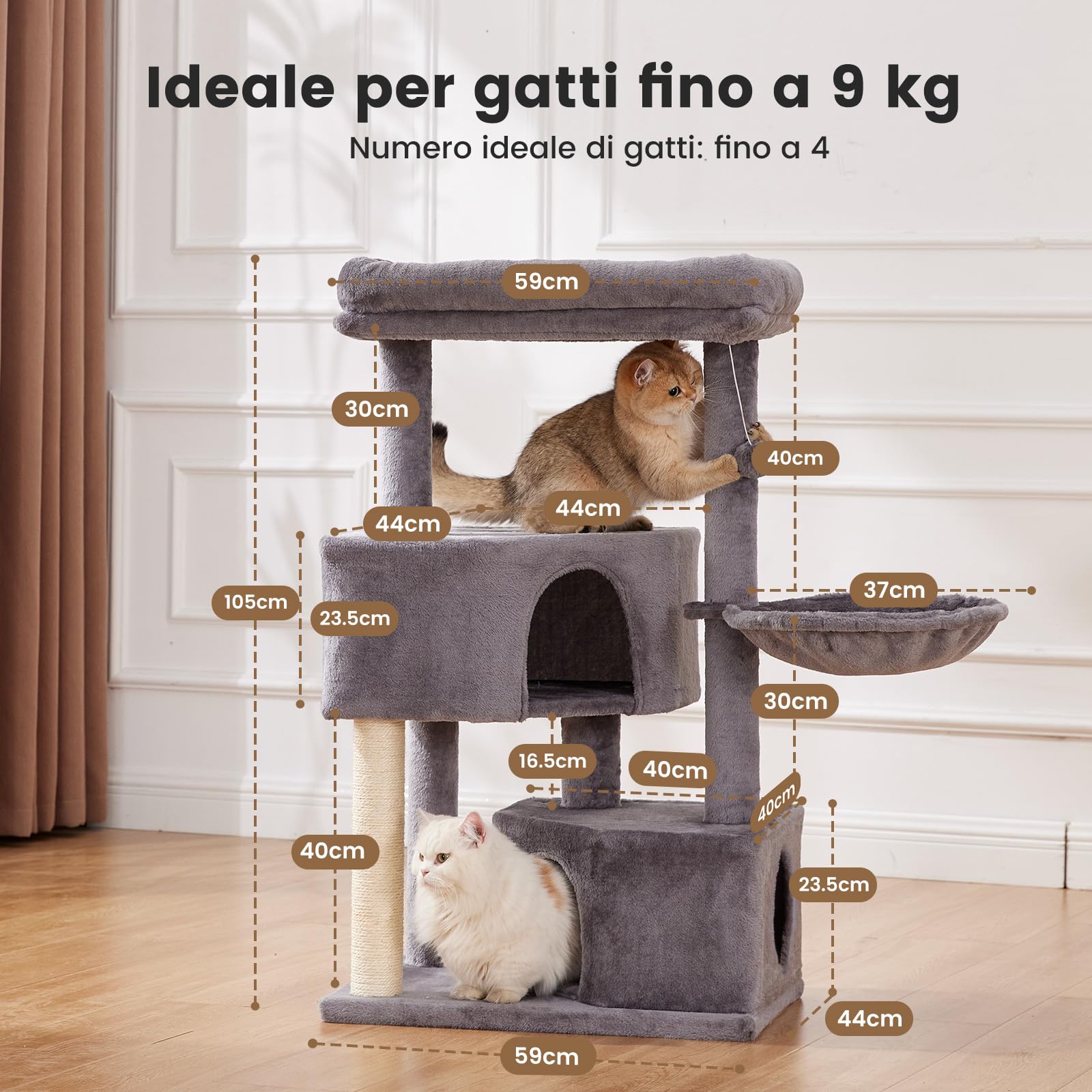 Gardner Pet Tiragraffi per Gatti da 105 cm con Palo in Sisal, Torre per Gatti Ultra-Stabile a 4 Livelli con Design Anti-Oscillazione, Posatoi Superiori Lavabili, Castello per Gatto, Grigio