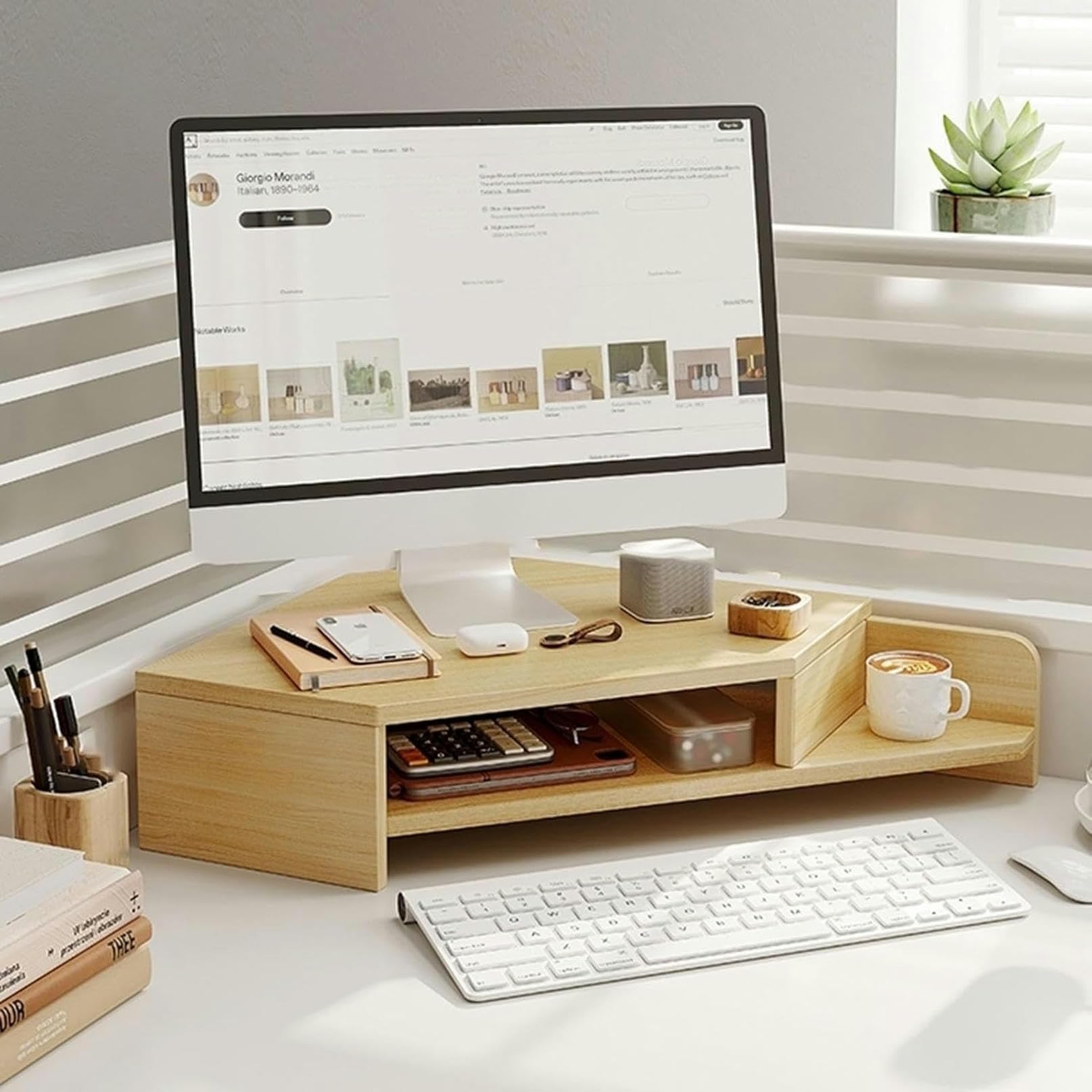 Support de moniteur d'angle bois avec double rangement pour bureau