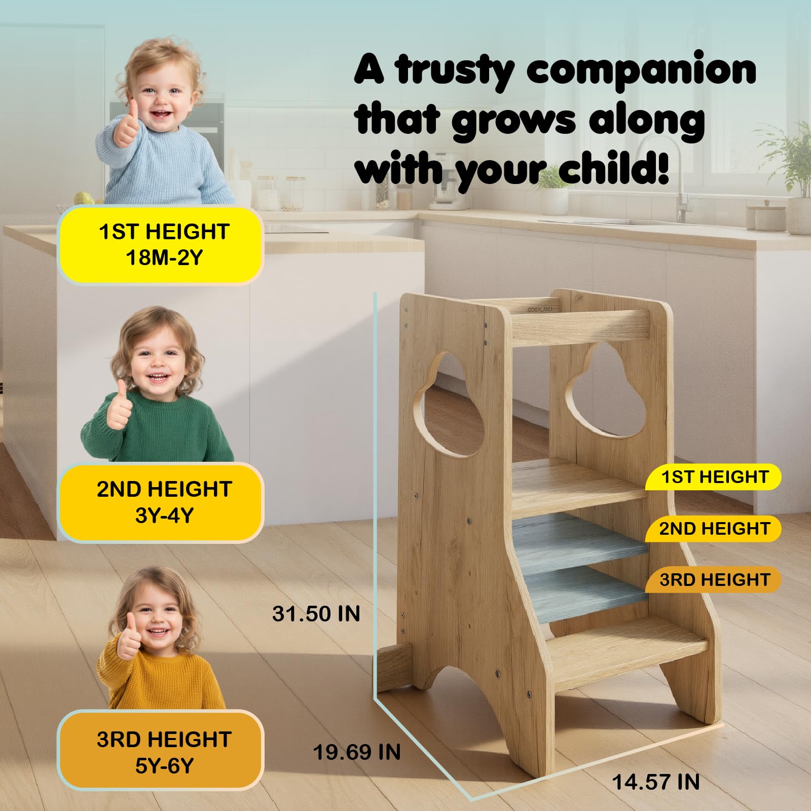 COSYLAND Kleinkind Stehturm Höhenverstellbar - Holz-Tritthocker Lernhilfe für Küchentheke, Bad, Kinderzimmer - Stabiler Kinder-Tritthocker für Küche (Natur)