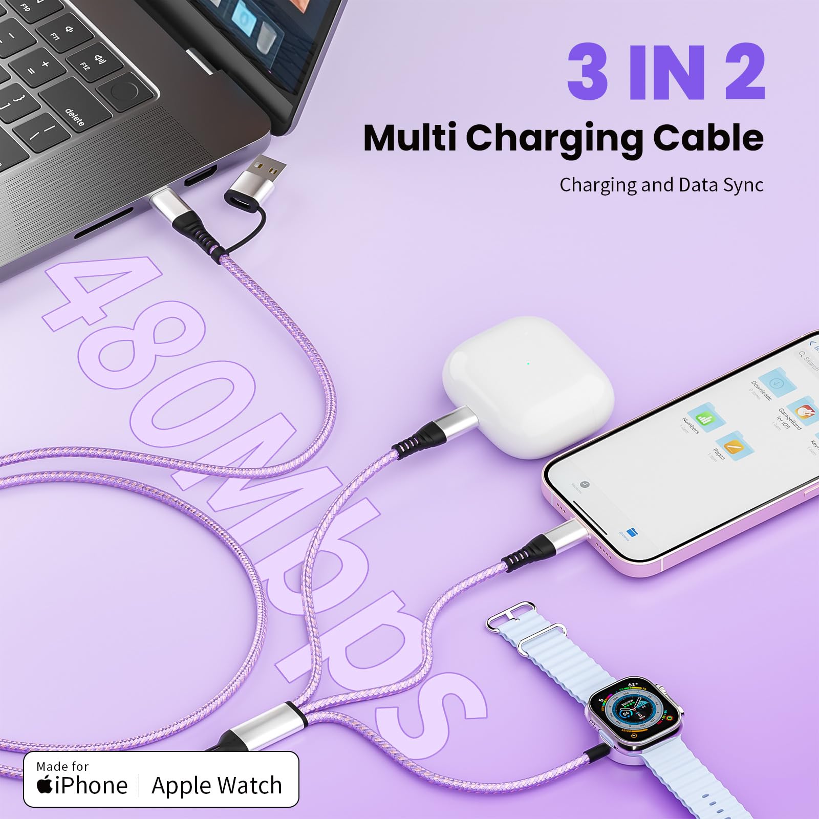 Travel Essentials, Travel Charger for iPhone 17 and Apple Watch for Multiple Devices, Charging and Data Sync, 3 in 2 USB A/USB C Multi Charger with 3 Ports Compatible for Apple Watch/iPhone 17-6, 5 FT