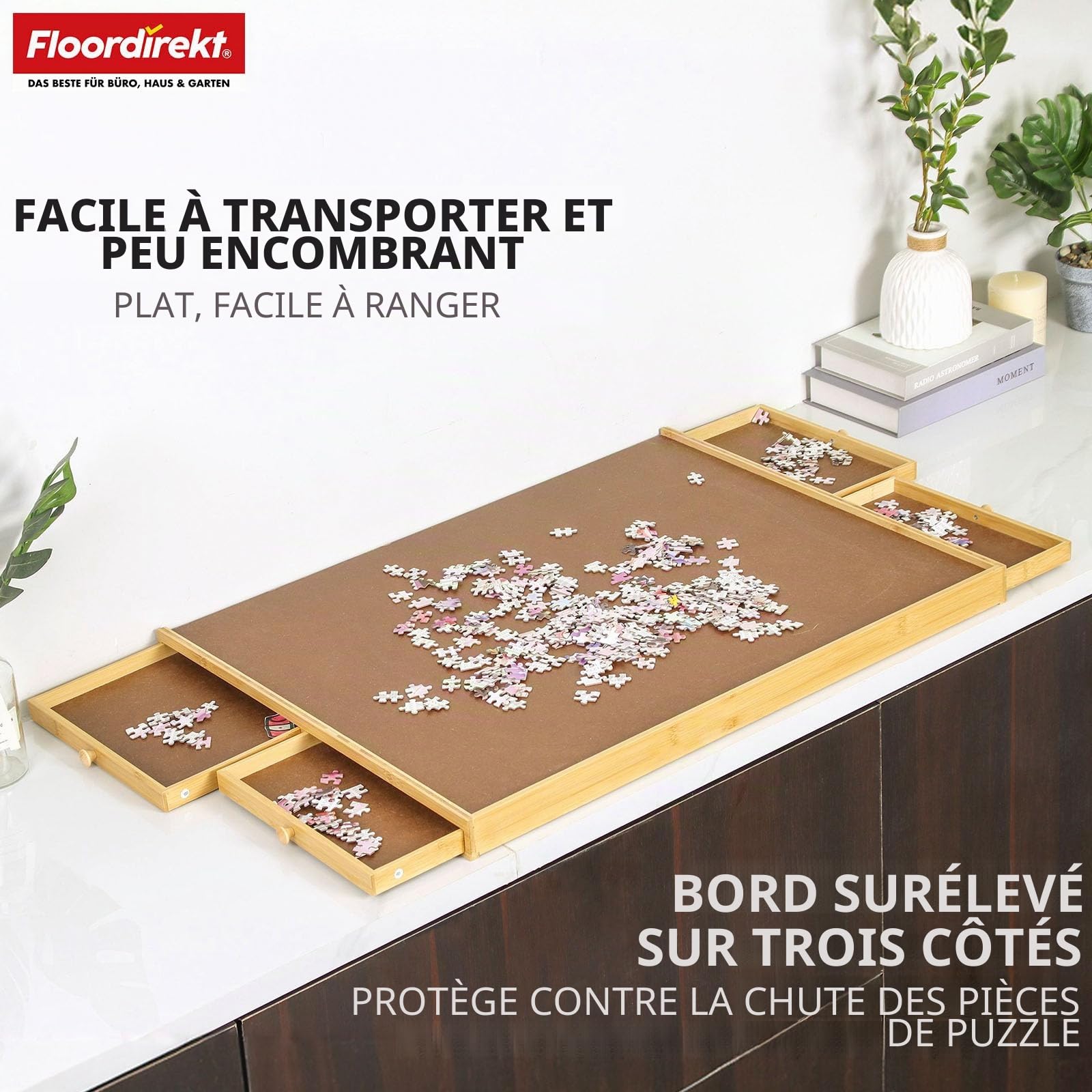 Floordirekt Yukon Table puzzle portable avec tiroirs, 76 x 57 cm, pour puzzle jusqu'à 1000 pièces, en bambou et MDF