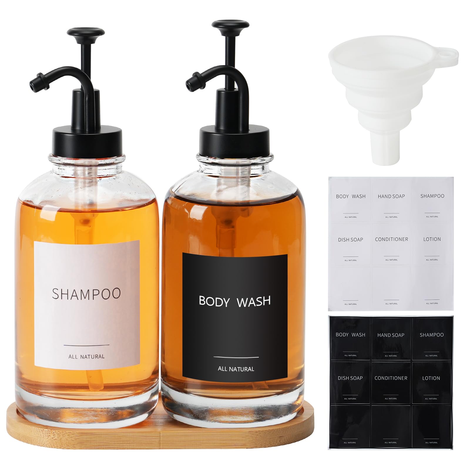 2 Pcs 500ml Glass Soap Dispenser with Stainless Steel Pump, Glass Syrup Bottle, Hand and Dish Soap Dispenser with Waterproof Labels, Bamboo Tray and Silicone Funnels for Bathroom, Kitchen, Countertop