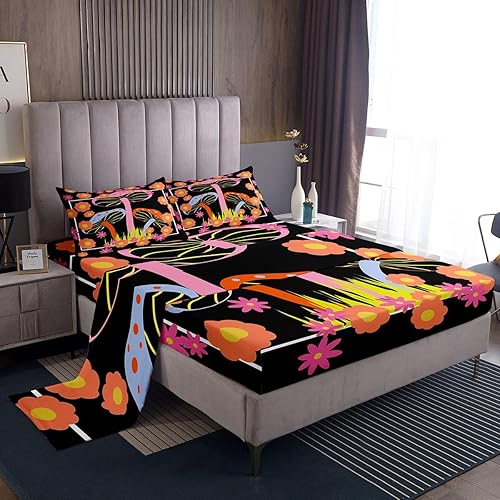 Miniatura 21 de Feelyou Sábanas de Flores Groovy con Bolsillo Profundo Sábana Bajera Ajustable 60S 70S 80S Flores Hippie Bohemias Juego de Sábanas Retro Floral Boho