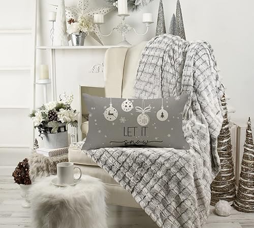 Miniatura 8 de Juego de 4 fundas de almohada decorativas de Navidad de 12 x 20 pulgadas, diseño de rayas grises, Papá Noel, muñeco de nieve, copo de nieve, feliz