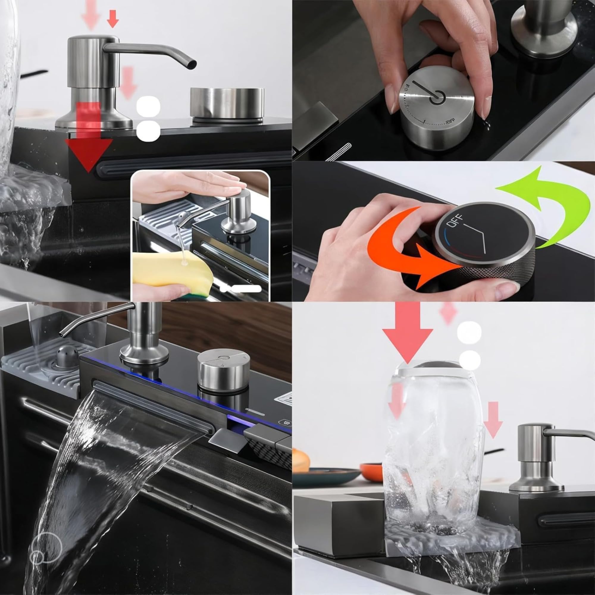 LUMS Fregadero de Cocina Multifuncional Acero Inoxidable Negro, Fregadero 1 Seno con Grifo Cascada, Pantalla Digital y Luz LED, Incluye Lava Vasos y Accesorios